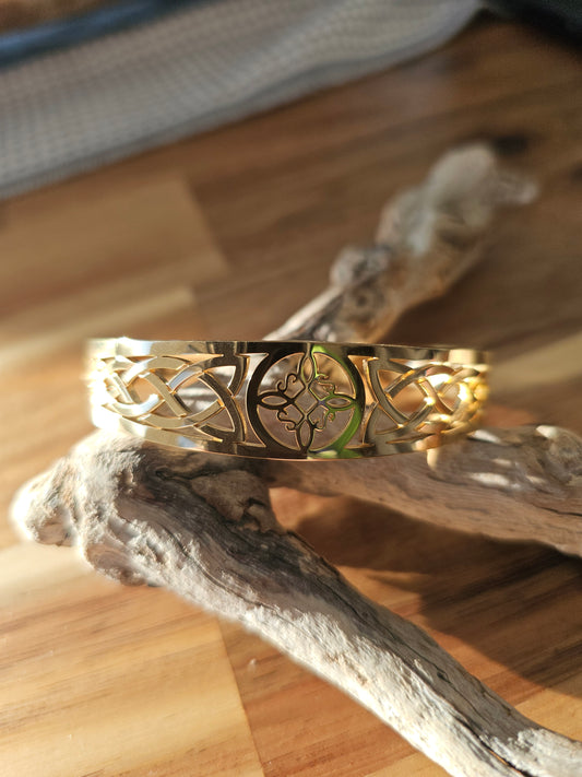 Gold Steel Witch's Knot Filligree Cuff Bracelet - Norse Pagan