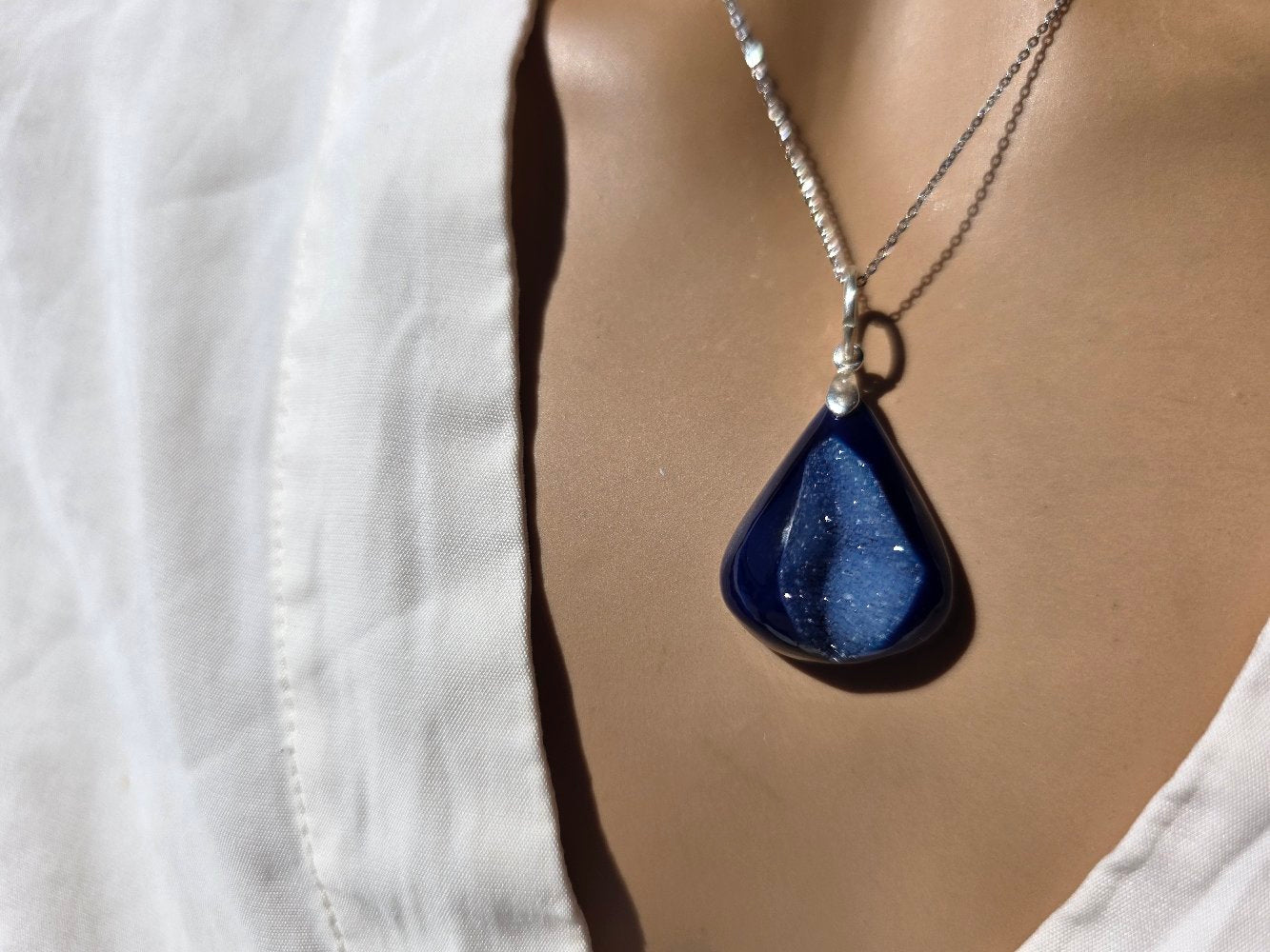 Cobalt Druzy Agate Sterling Silver Necklace - Natural Stone