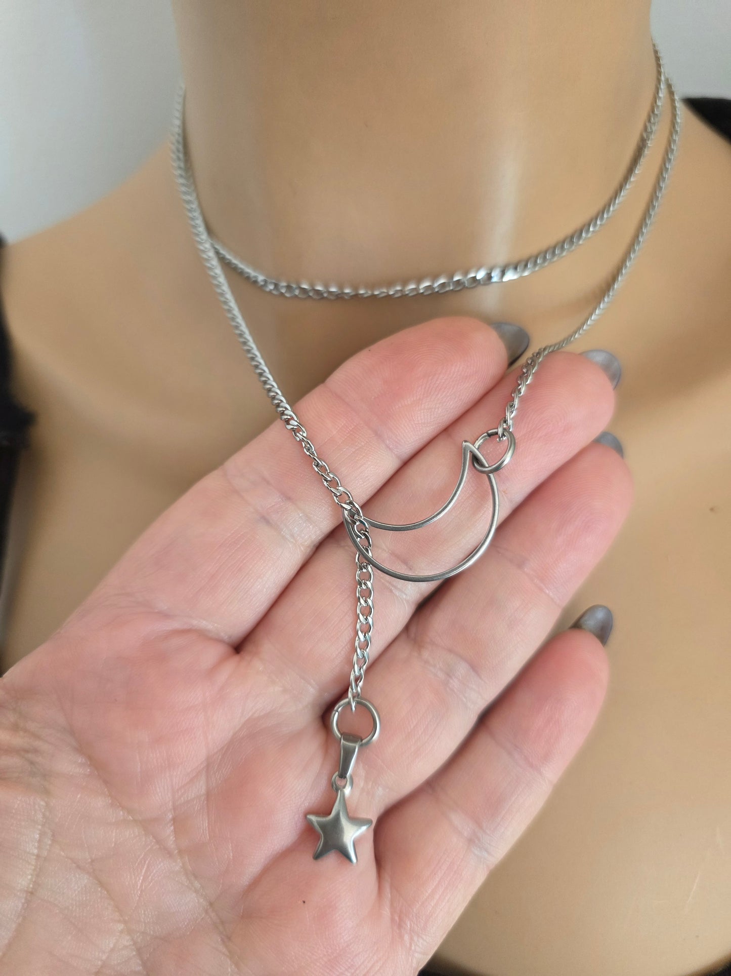Lasso de Maan & Ster Steel Lariat Choker Wrap Gelaagde Ketting | Heidense Heks Esthetiek