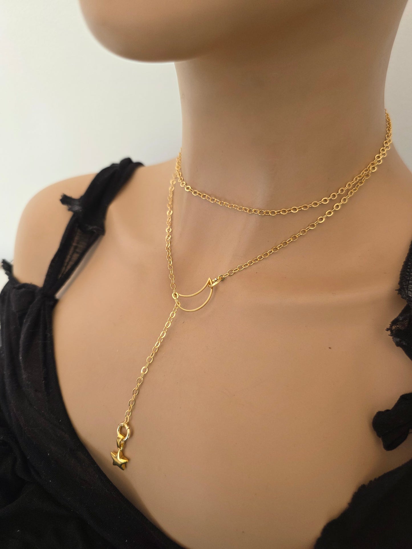 Gouden Halve maan en ster Lariat Choker Wrap Layer ketting | Hemelse Heks sieraden