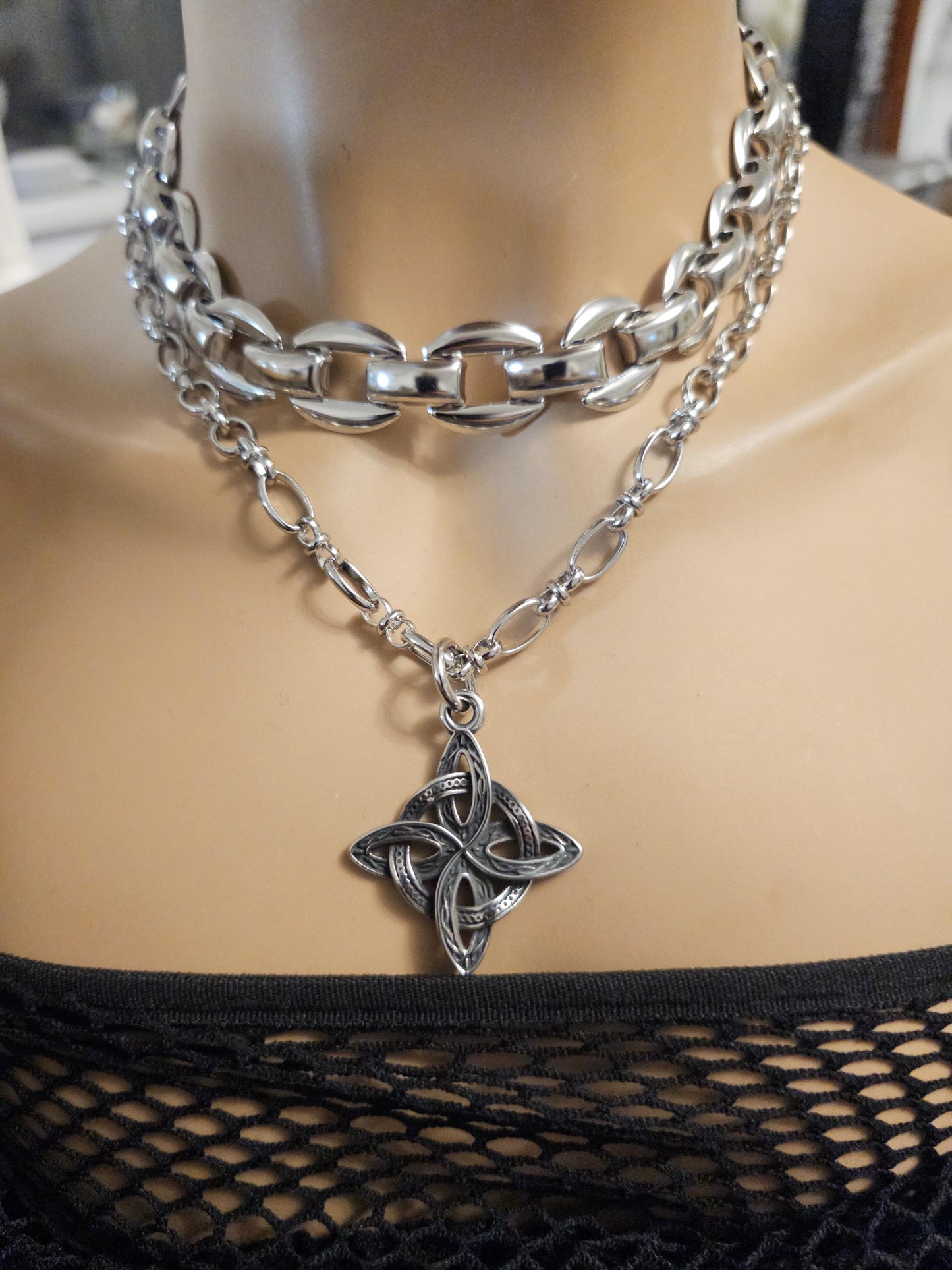 Silver Celtic Witch Knot Pendant Necklaces Chunky Layered Set - Witchy Collar Choker, handmade Protection amulet statement jewelry