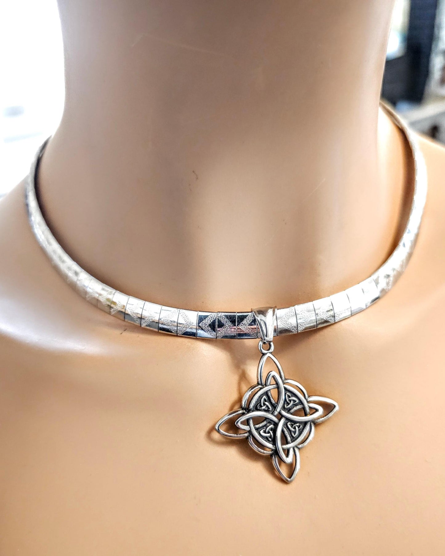 Silver Celtic Witch Knot Pendant Necklaces On Formed Herringbone Chain Witchy Collar Choker - handmade Protection amulet statement jewelry