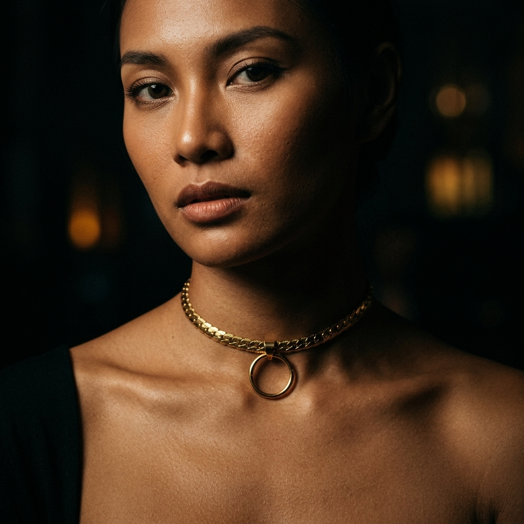 Gold Steel Day Collar, O-Ring Pendant, Adjustable with Locking Option - Symbolic Necklace