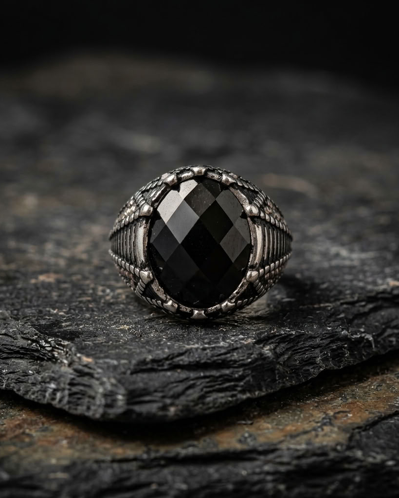 Steel Dragon Stone Obsidian Norse Viking Ring - Size 9