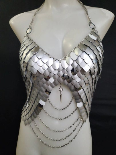 Metal Silver Breastplate Corset Armor, Fantasy Scalemail Dragon Scale Womens Armor, Royal Fae Gala Fairytale Costume, Viking, Fairy Cosplay