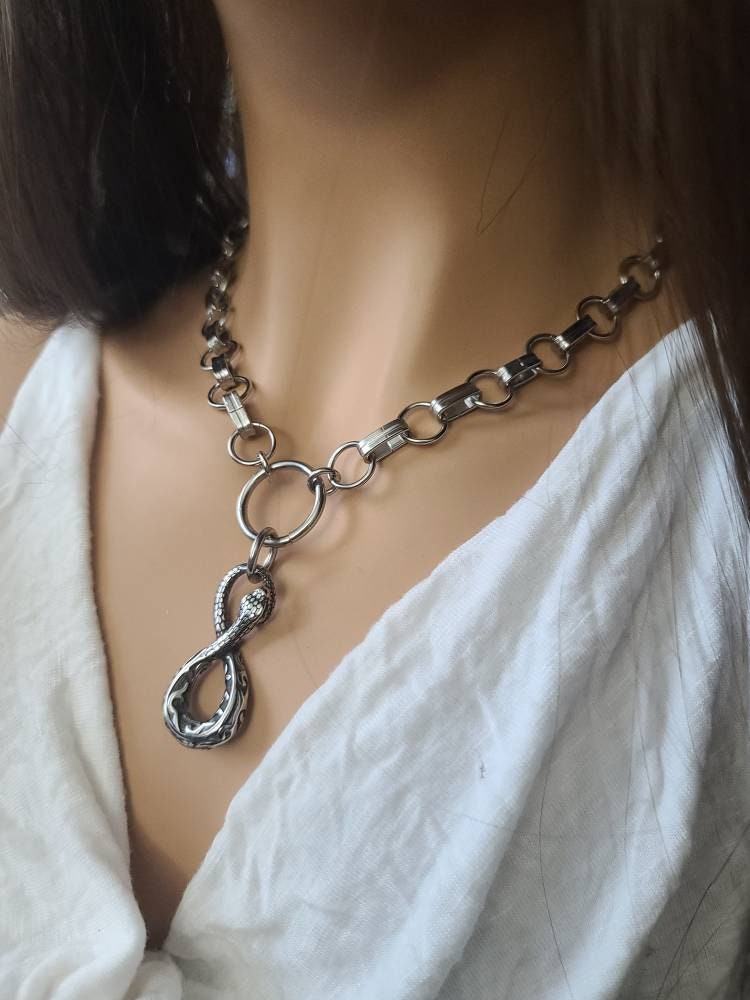 Chainmail Snake Infinity Ouroboros Choker Necklace on Chunky | A great handmade toggle clasp alt punk style snake necklace gift for her