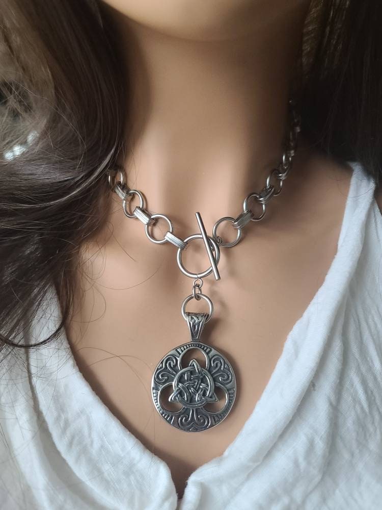 Chainmail Choker Triquetra on Chunky Chain Goth Necklace | A great handmade toggle clasp Norse alt punk style necklace gift for her