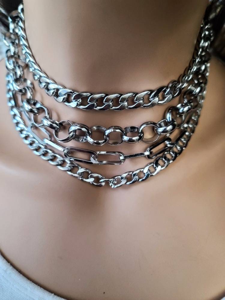 Silver Layered Chain Gothic Punk Collar Choker Necklace Set | A Handmade aesthetic statement necklace gift for her