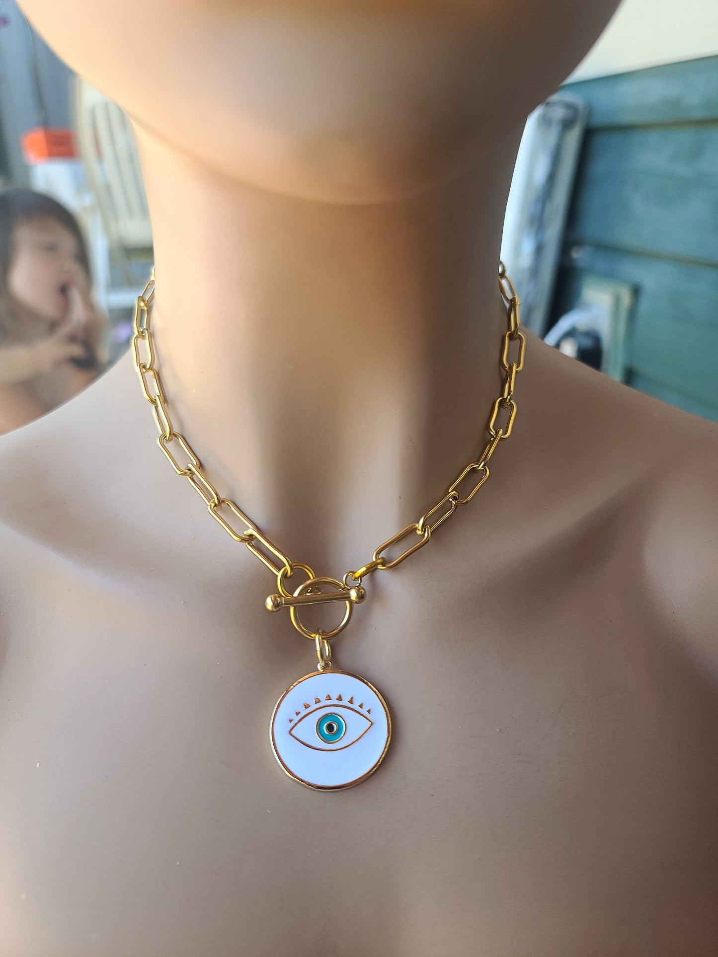 Evil Eye Necklace Medallion Gold Layered Necklace Set paperclip chain | Good vibes necklace, handmade jewelry gift for her