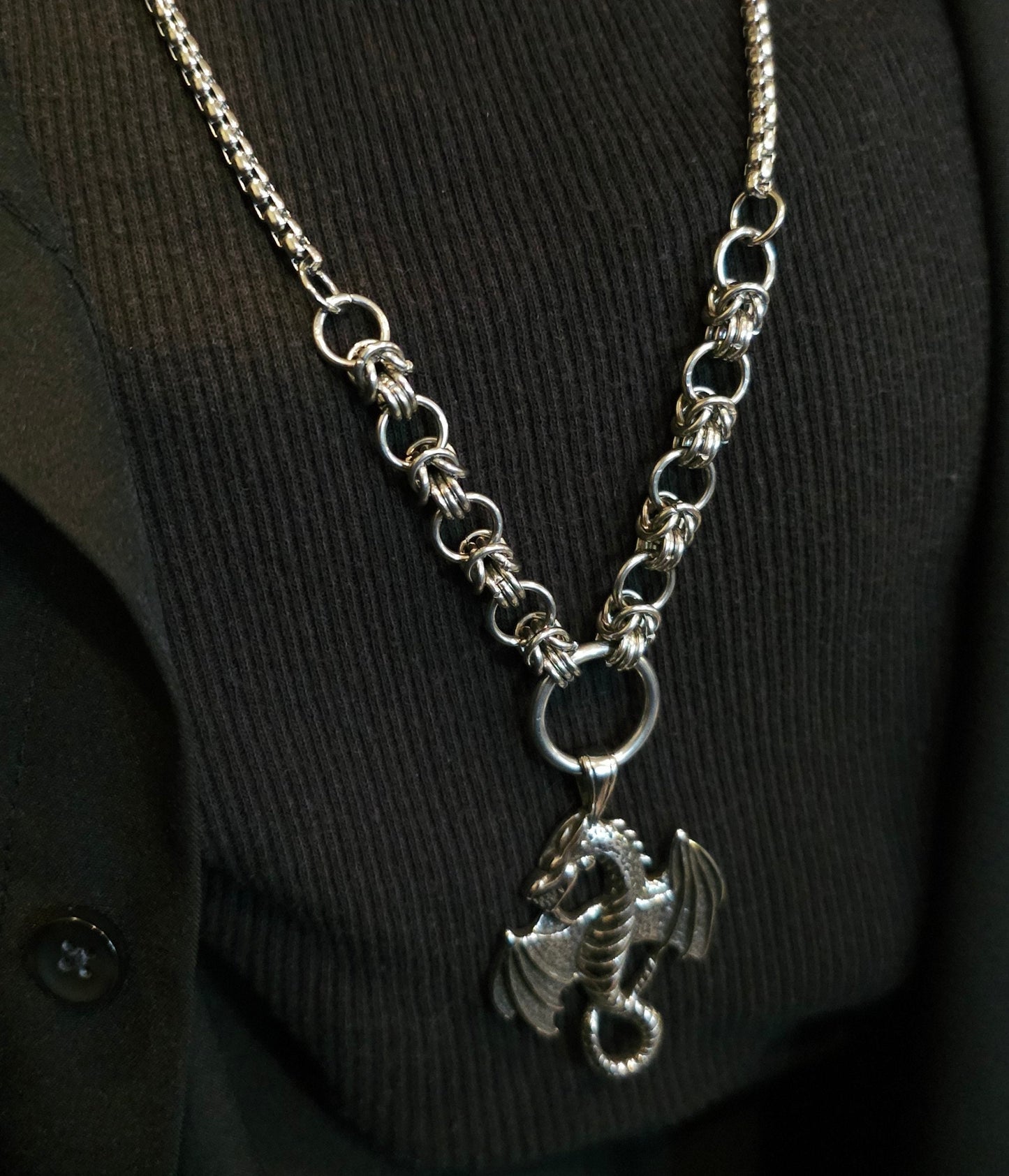 Silver Dragon Necklace Handmade Viking Chainmail | stunning Norse goth necklace gift for her in a goth punk jewelry style