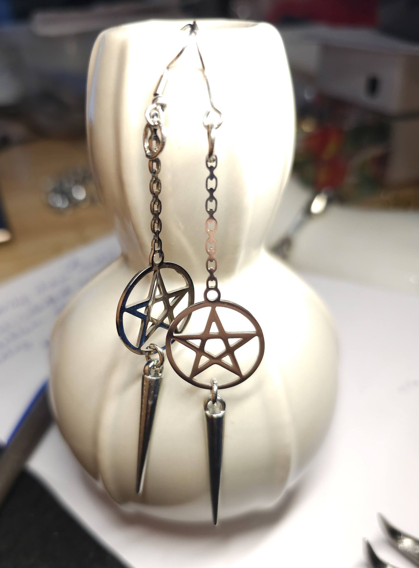 Surgical Steel Pentagram Gothic Punk Spike Dangle Earrings Pair, Witchy occult goth jewelry gift for her, pagan jewelry, dark academia