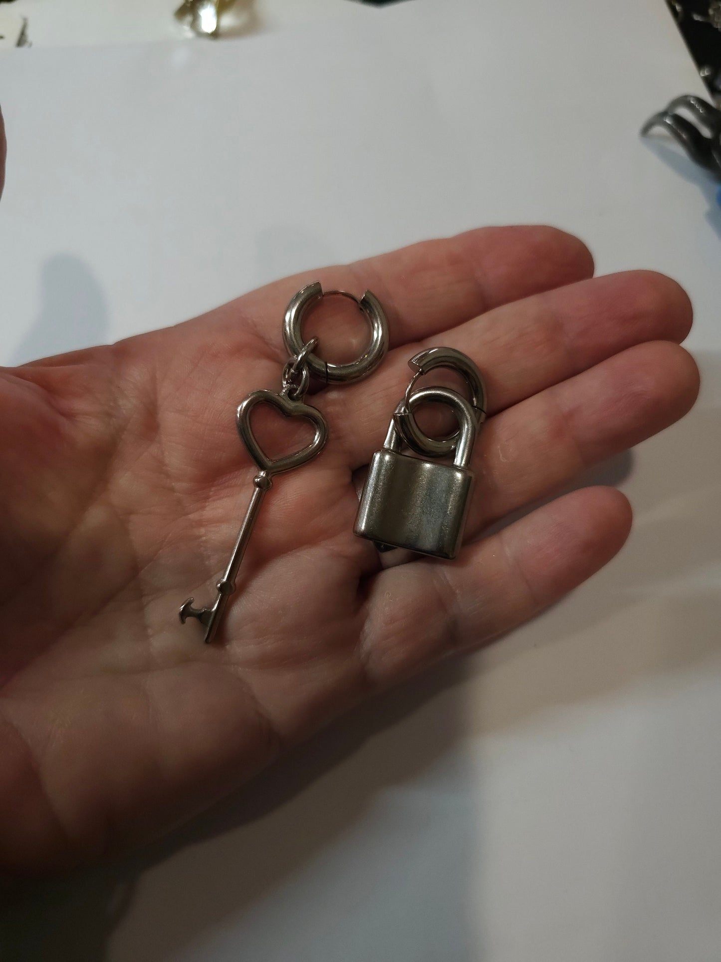 Steel Huggie Hoop Dangle Earrings Lock & Key Pair, handmade Goth bondage BDSM jewelry