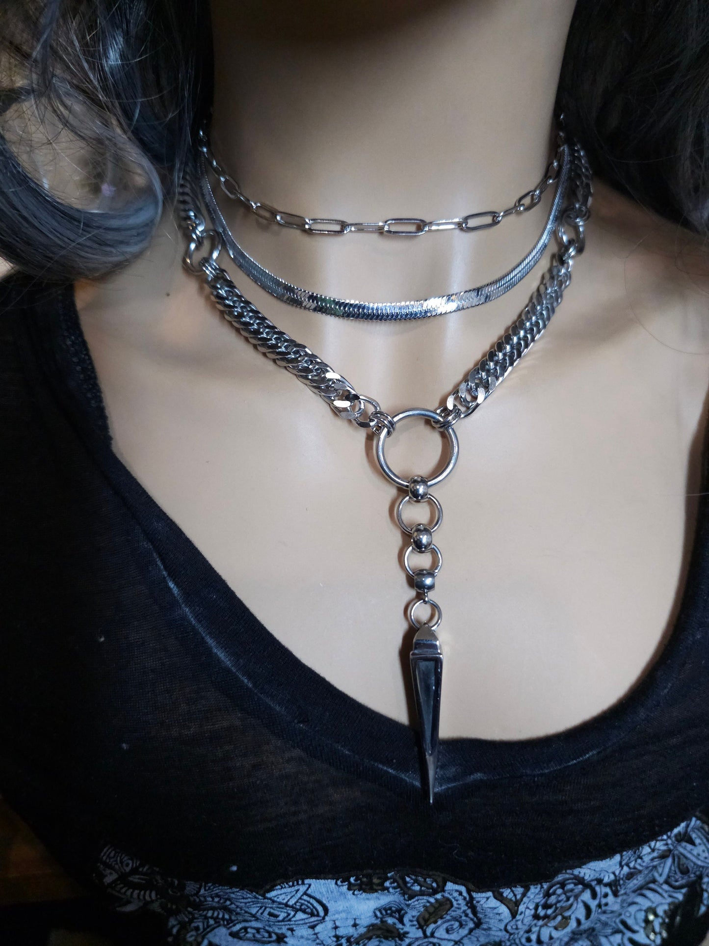 Steel Gothic Punk Layered Necklace Set Goth Collar Choker | Handmade, alt Dark Academia spike statement necklace gift for her, coffin nail