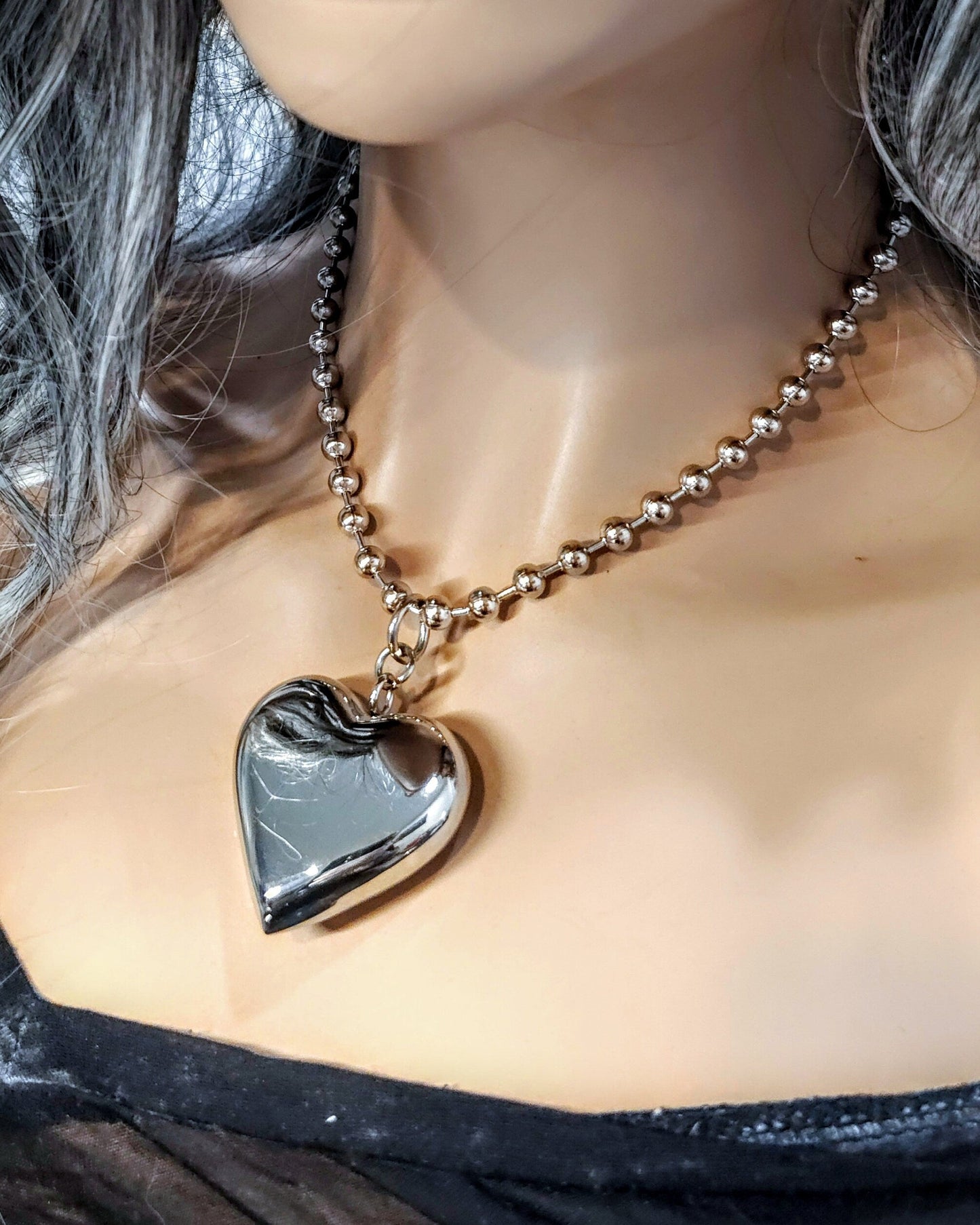 Steel Puffy Heart Choker on Chunky Ball Chain | Waterproof Non Tarnish Blob Heart | Handmade Jewelry statement gift for her, punk necklace