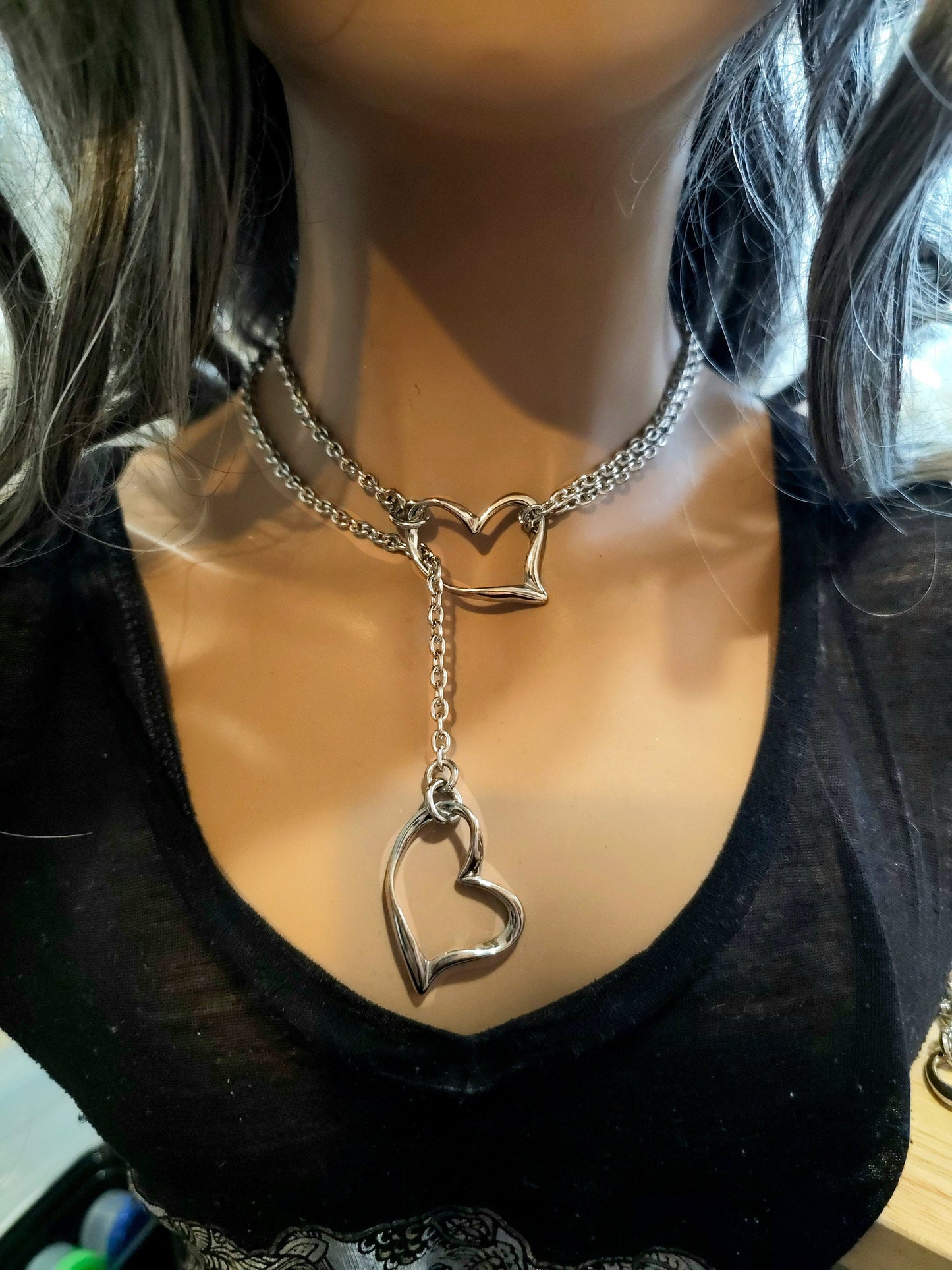 Stainless Steel Slip Chain Leash Style Collar Choker Necklace - Layered Heart Necklace Stack Set | elegant handmade jewelry gift for her