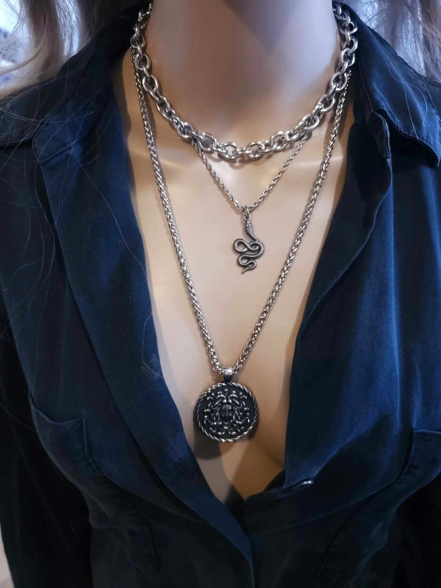 Steel Medusa Medallion Layered Snake Necklace Set - Handmade Alt Goth statement jewelry gift for her, waterproof