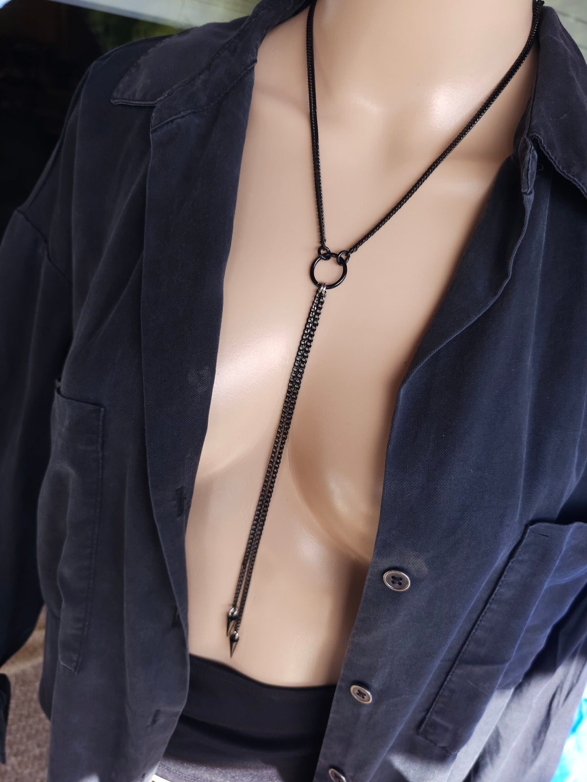 Black Surgical Steel Gothic Punk Collar Choker Lariat Necklace with Spikes - Handmade Aesthetic Jewelry Gift for Her