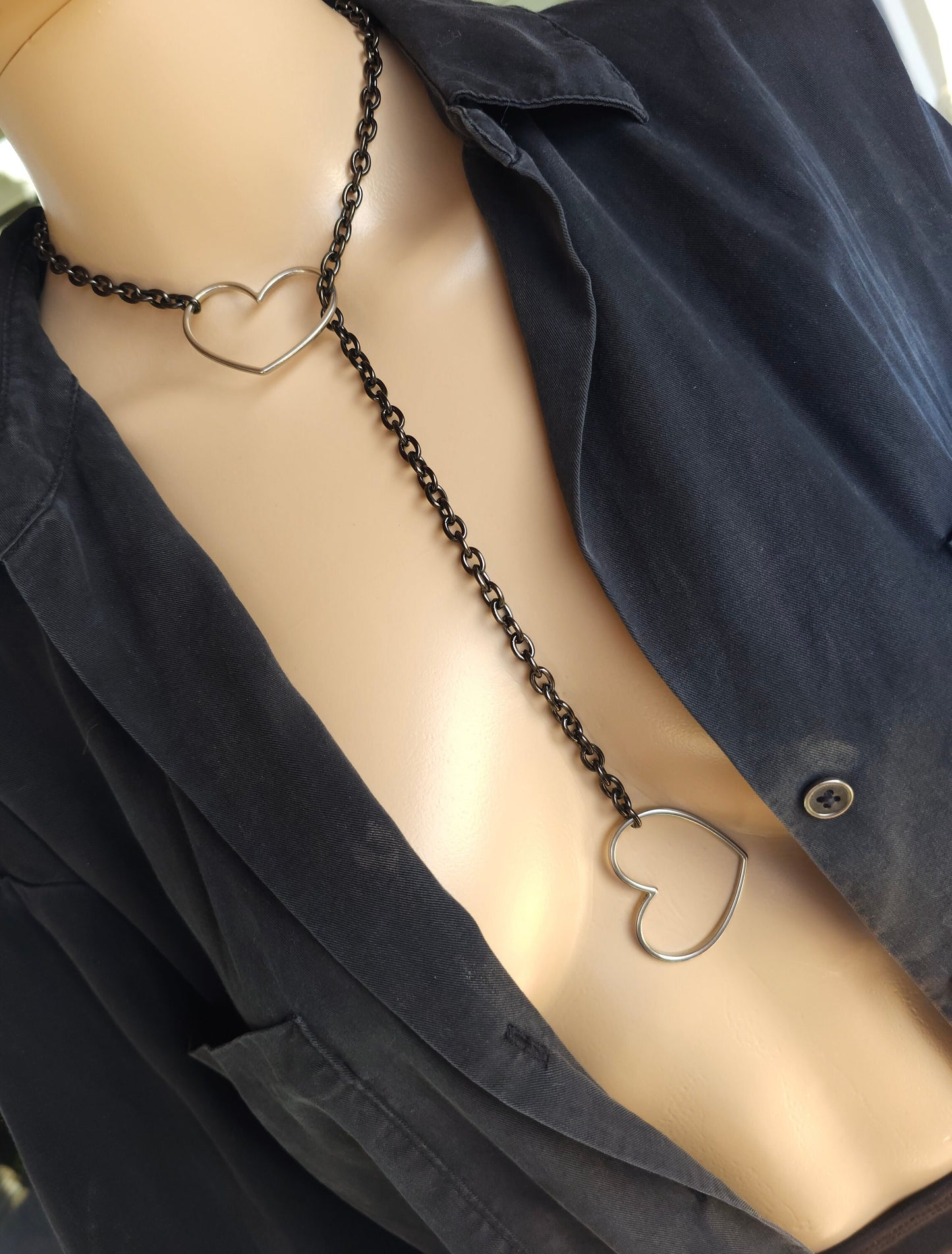 Slip Chain Black Steel Lariat Leash Gothic Collar Choker Heart Layered Necklace | handmade punk alt dark academia aesthetic gift for her
