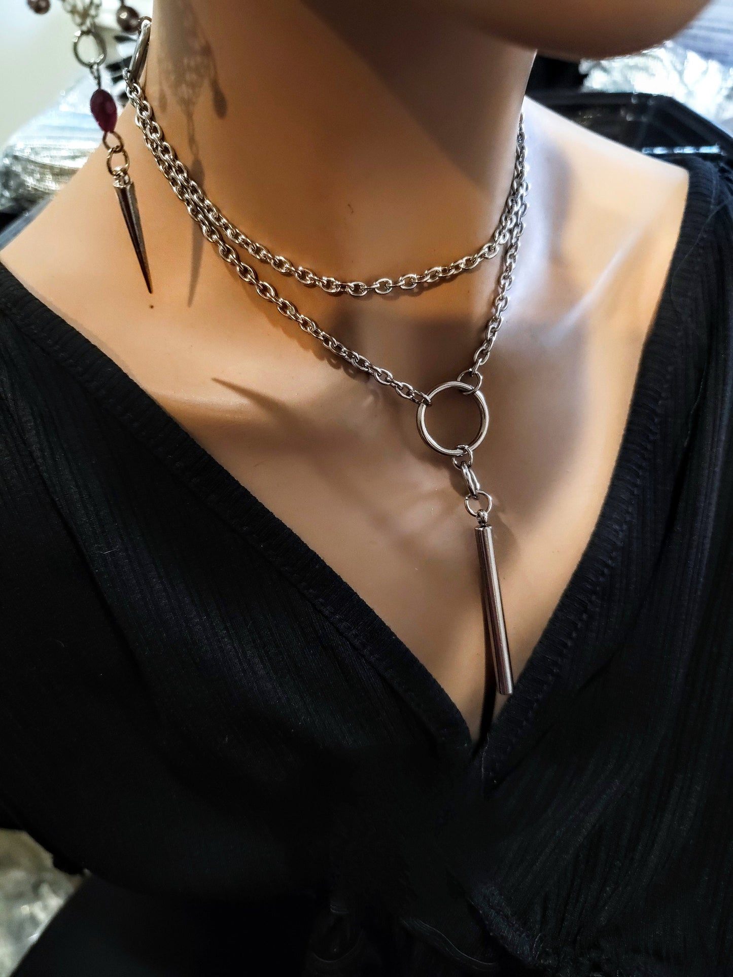 Steel Gothic Punk Choker Collar O Ring Bar Layered Necklace Set Day Collar - Submissive Collar, grunge aesthetic gift for her