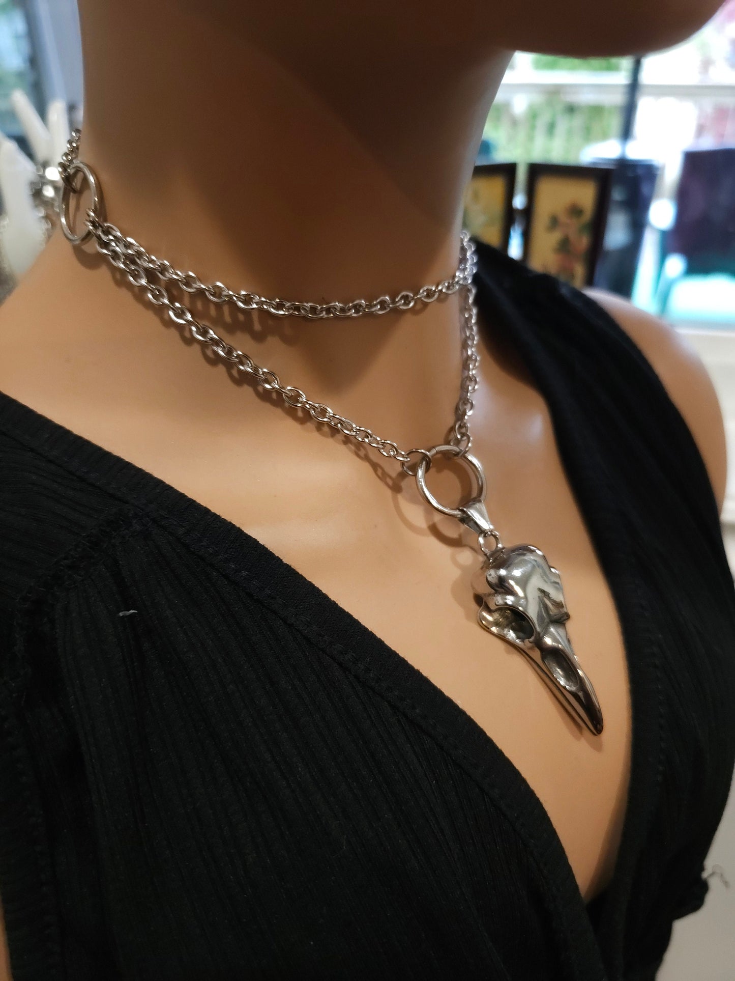 Steel Gothic Punk Choker Collar Raven Bird Skull Layered Necklace Set - Goth Grunge Viking Aesthetic gift for her