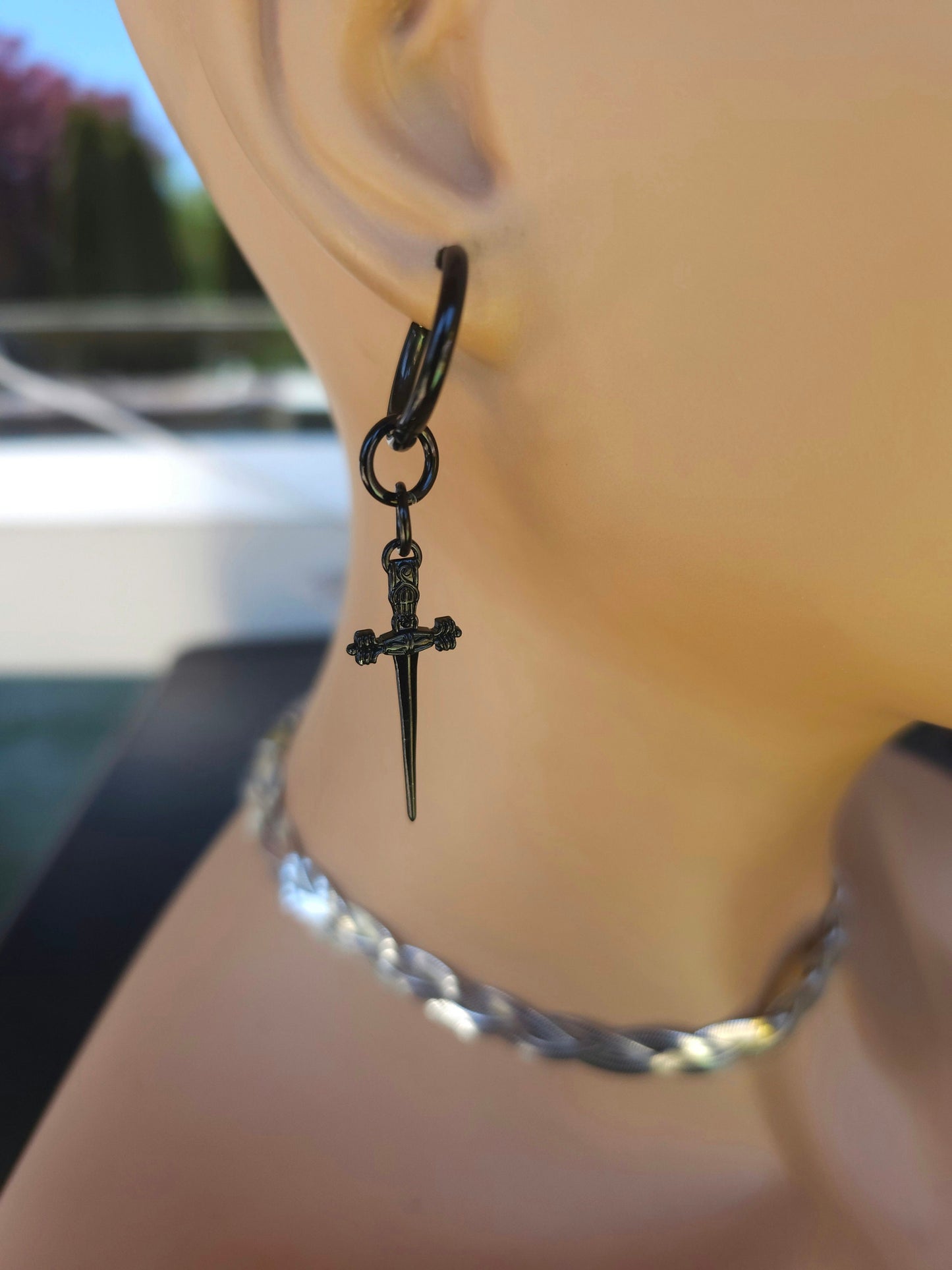 Goth Black Steel Huggie Hoop Punk Sword Dagger Dangle Earrings, handmade Gothic grunge jewelry, Y2K jewelry, witchy pagan