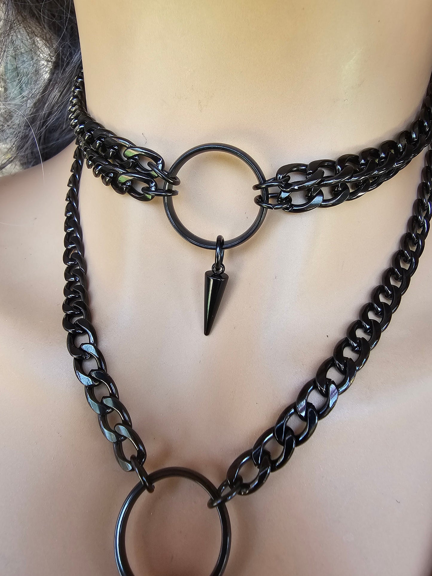 Black Steel Gothic Choker Collar Layered Necklace Set w Spike - Dark Academia Aesthetic Alt Punk Collar Choker, Submissive gift for her
