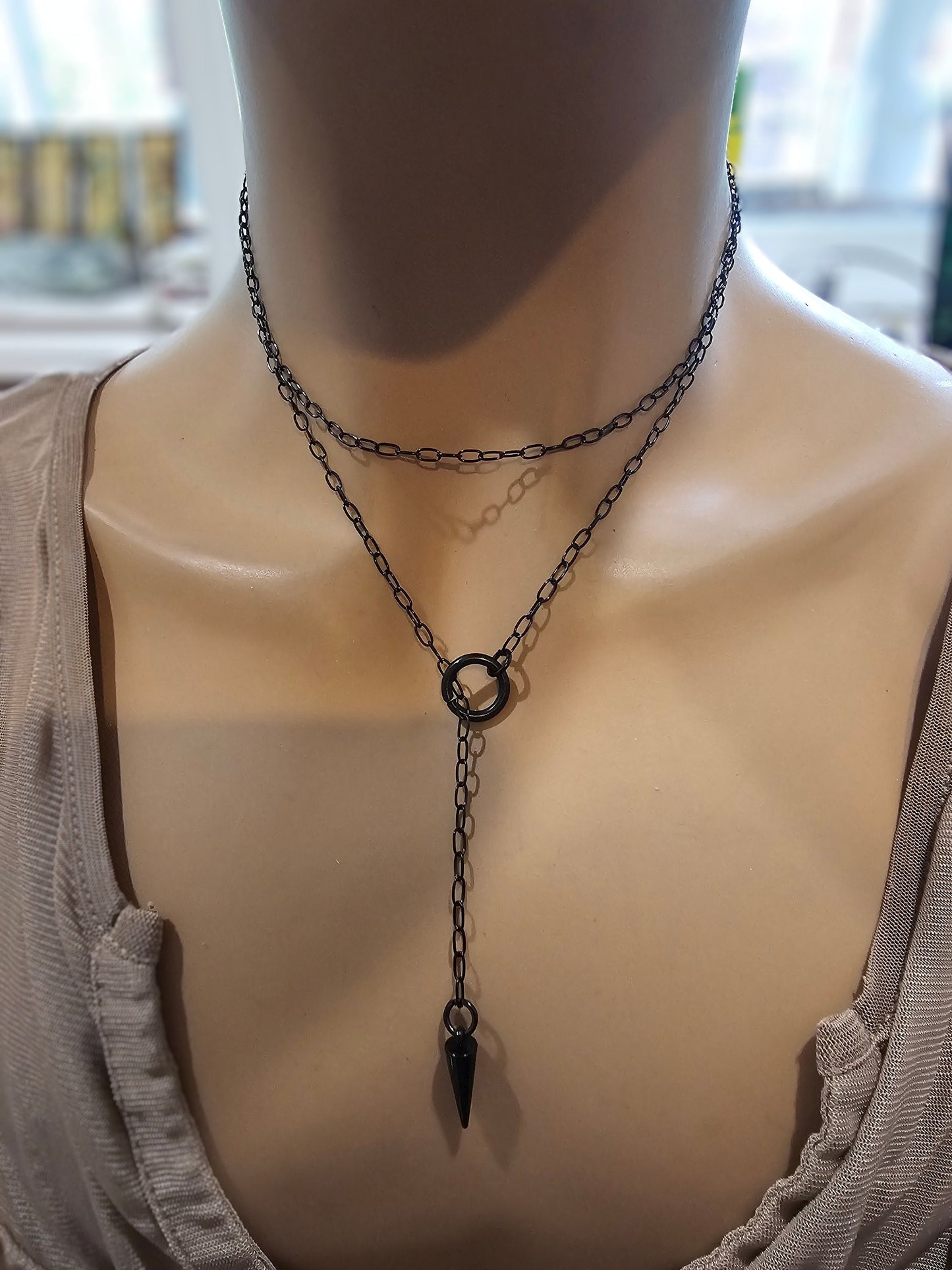 Black Steel Lariat Dainty Choker Wrap Necklace with Spike pendant | Dark Academia Aesthetic handmade jewelry gift for her, Punk and Gothic