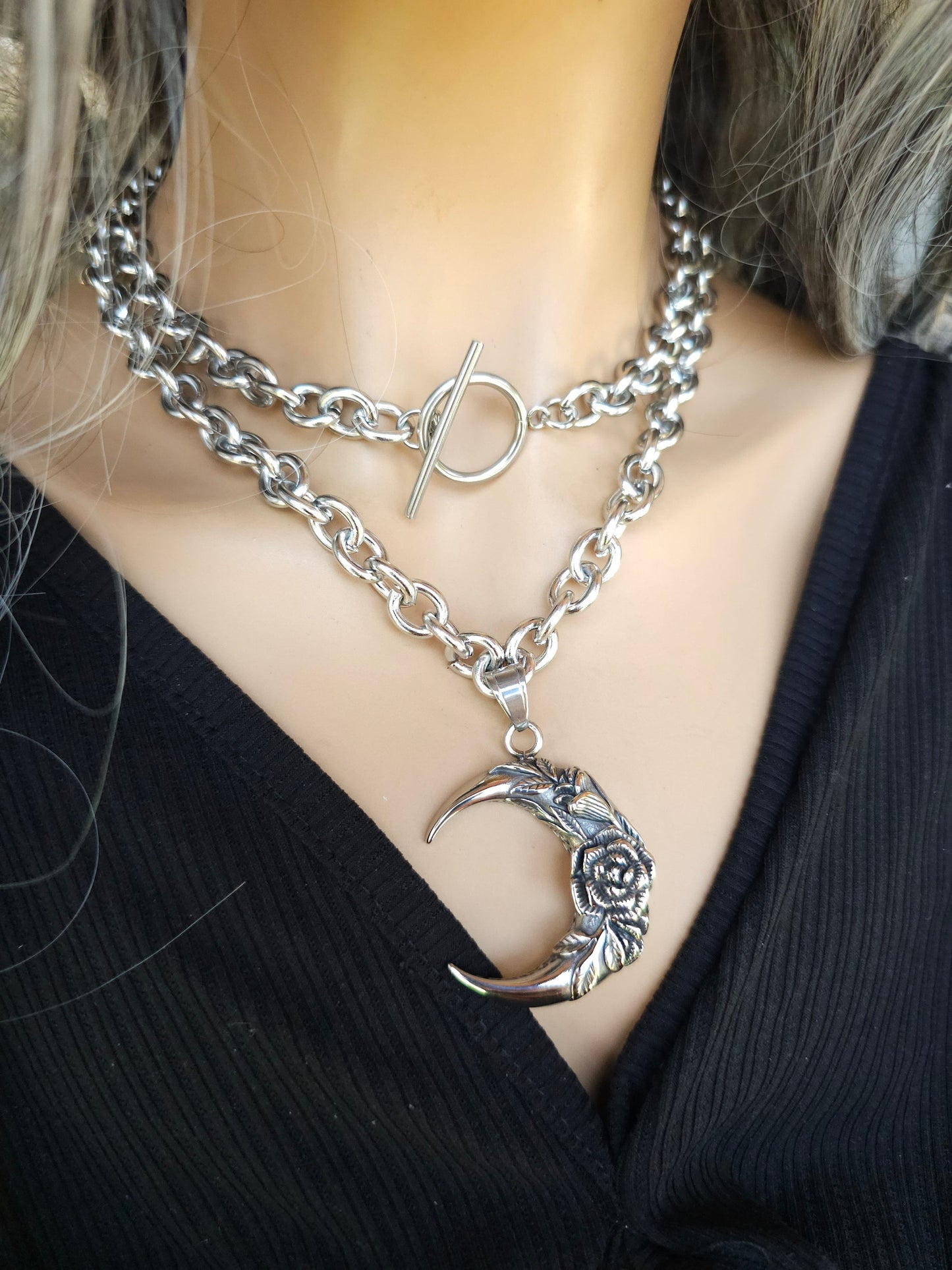 Steel Goth Moon Collar Choker Pagan Grunge Layered Toggle Necklace - Witchy Necklace handmade gothic witch jewelry gift for her