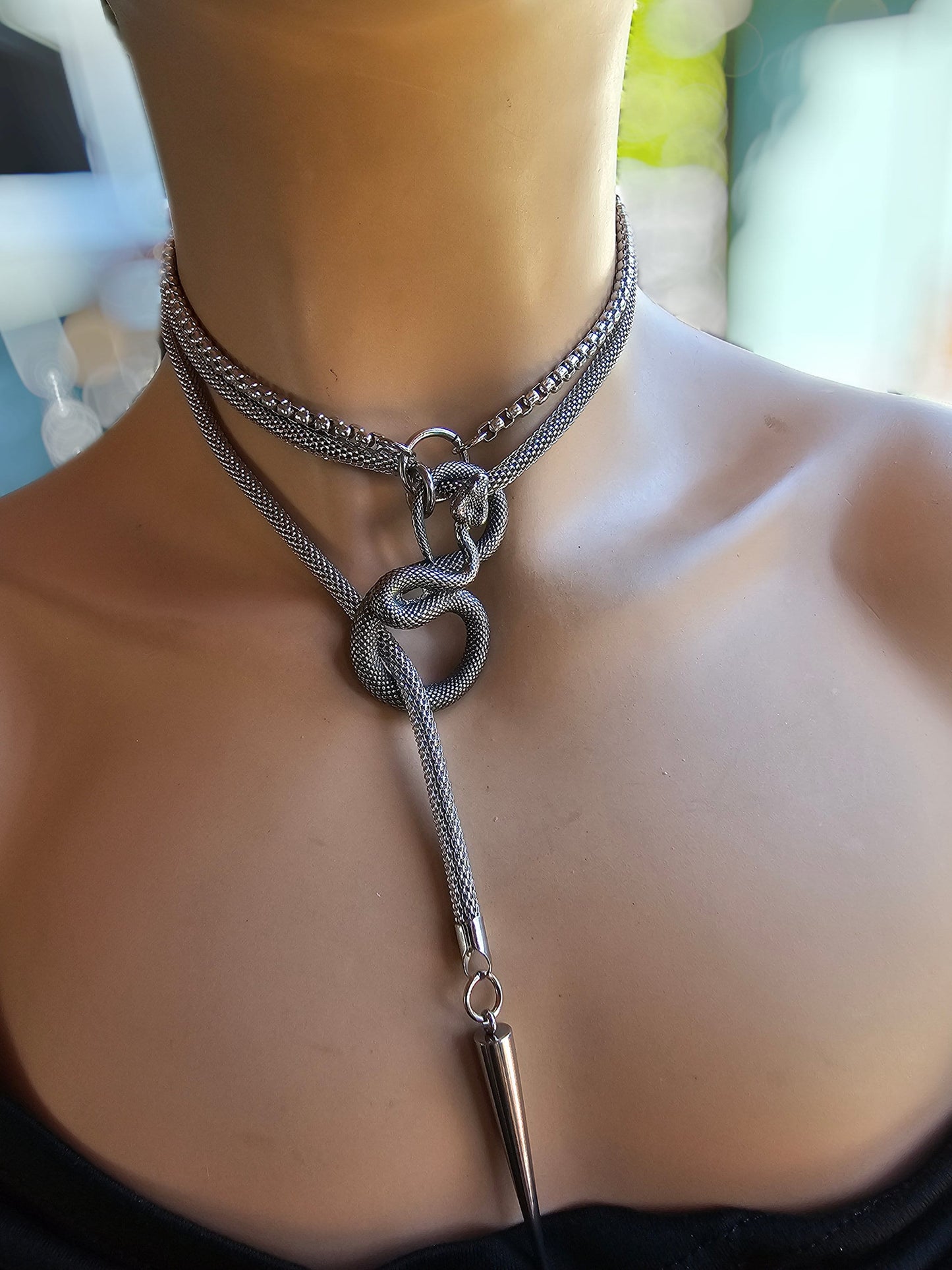 Steel Snake Chain Ouroboros Goth Punk Alt Wrap Layered Necklace - Unique Medusa aesthetic handmade jewelry statement gift for her