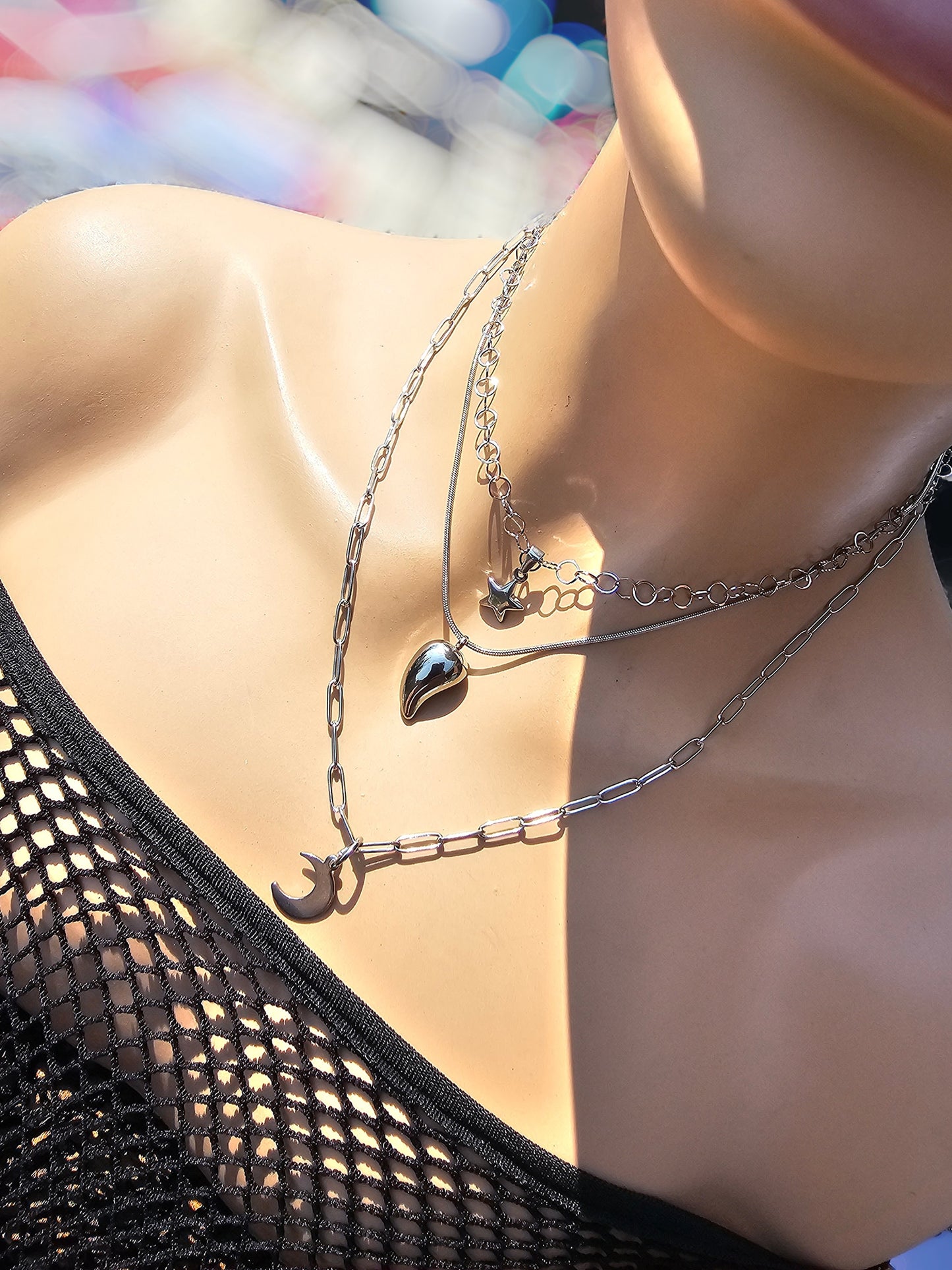 Steel Moon & Stars Witchy Layered Multi Strand Chain Necklace Set | waterproof hypoallergenic Handmade Y2K Pagan Jewelry gift for her