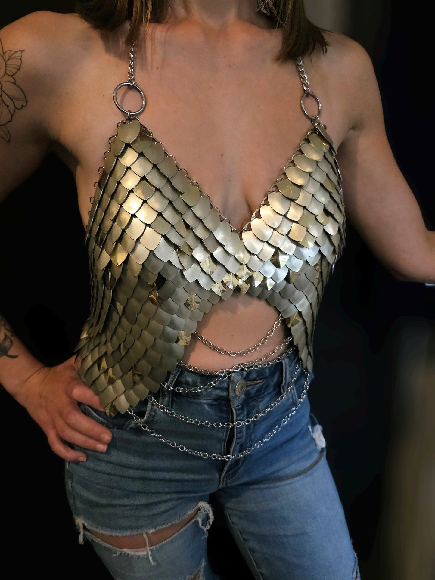 Metal Gold Breastplate Corset Armor, Fantasy Scalemail Dragon Scale Womens Armor, Royal Fae Gala Fairytale Costume, Viking, Fairy Cosplay