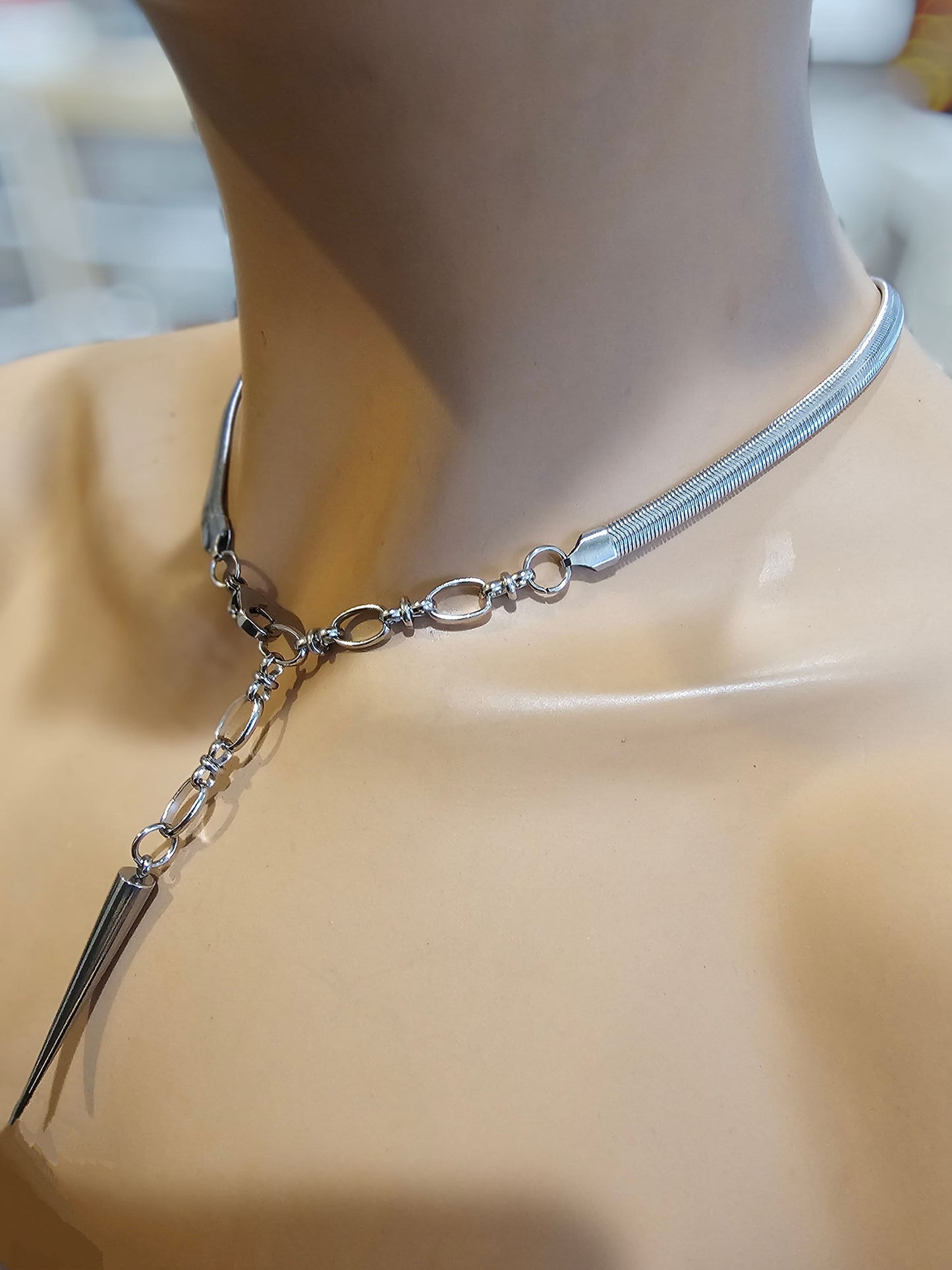Steel Spike Adjustable Herringbone Chain Grunge Alt Choker Collar Necklace | Handmade Gothic Dark Academia Jewelry gift for her