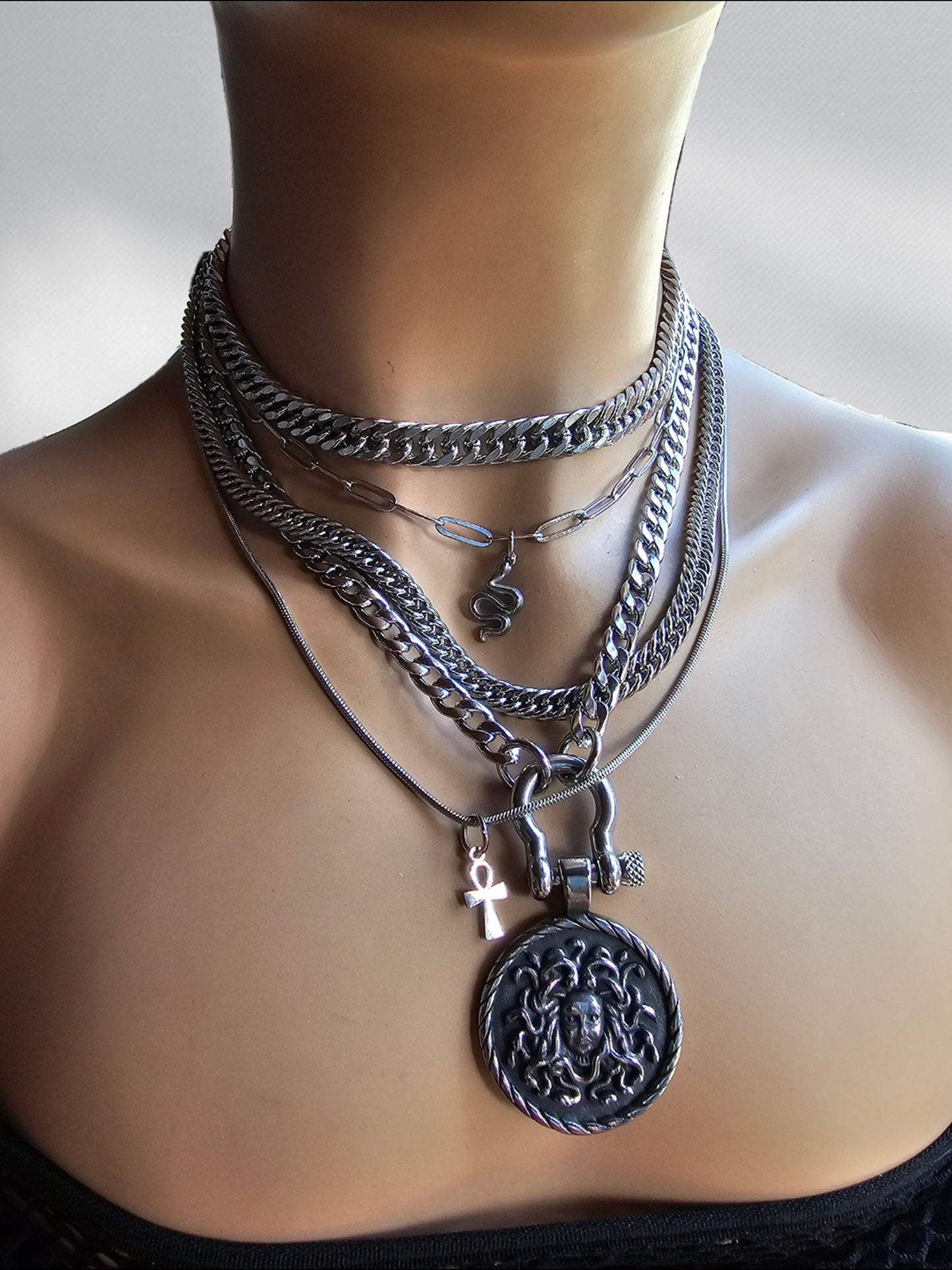 Steel Medusa Layered Multi Strand Chunky Chain Gothic Choker Collar Necklace Set - non tarnish Handmade punk aesthetic jewelry gift for her