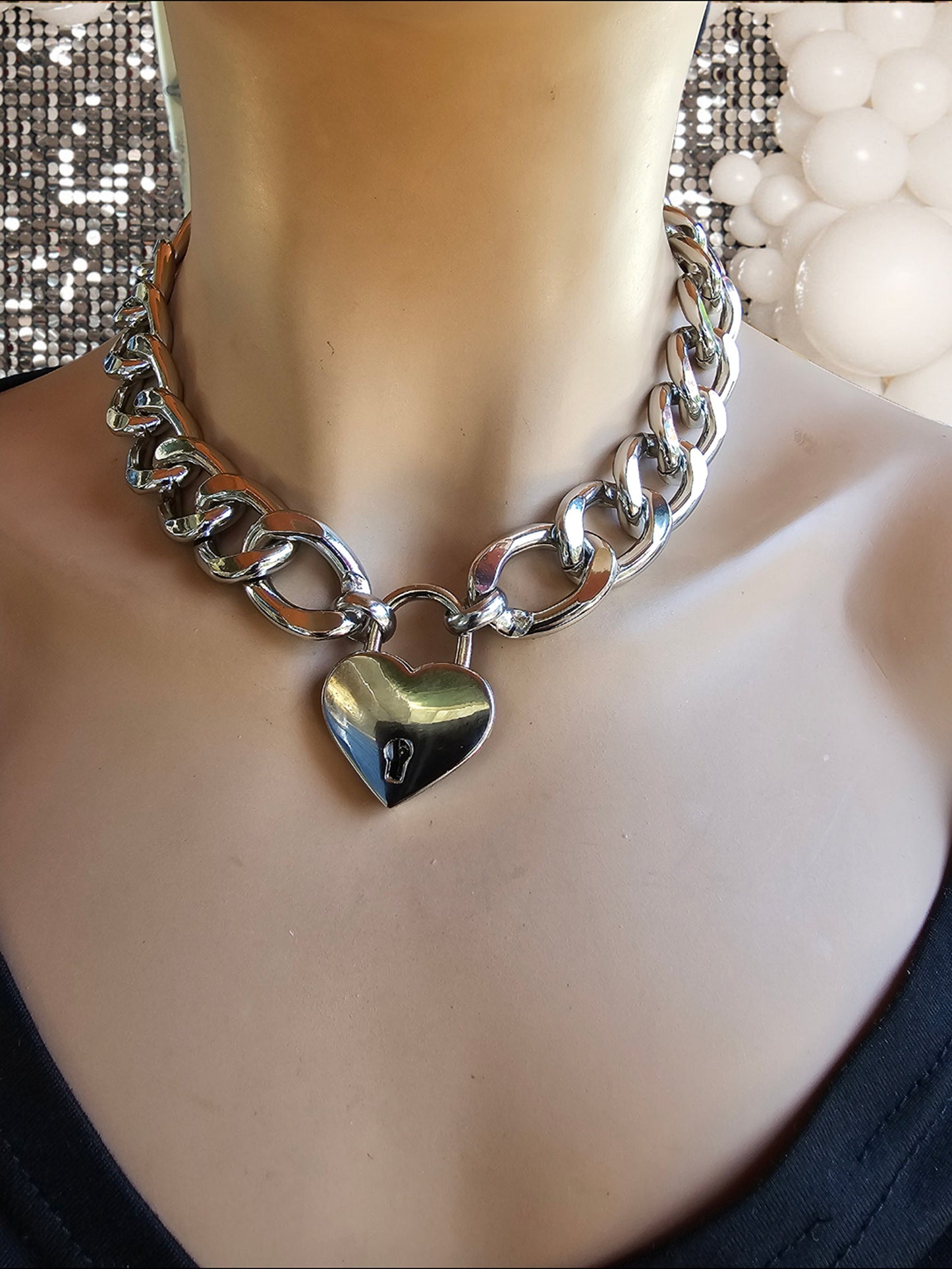 Chunky Chain Heart Lock & Key Gothic Punk Locking Day Collar Choker Necklace A great handmade alt aesthetic statement necklace gift for her