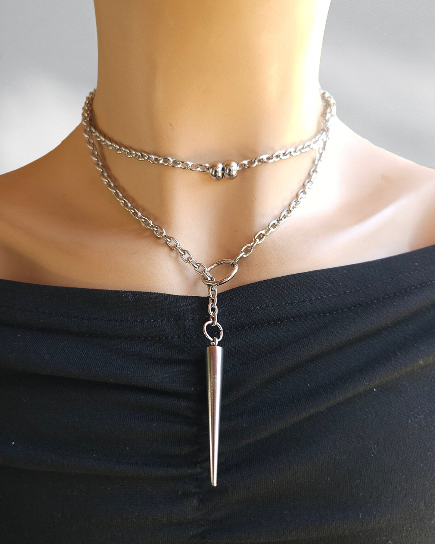 Steel Spike Wrap Lariat Layered Gothic Punk Slip Chain Choker Collar Necklace | Handmade Multi Strand Grunge Jewelry gift for her