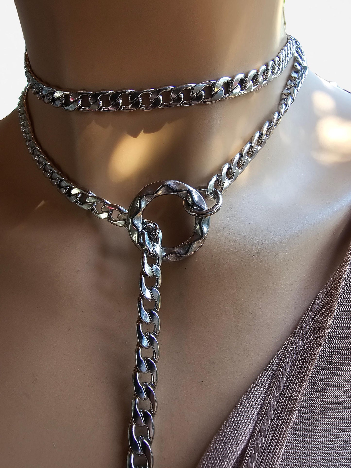 Steel Lariat Chunky Chain Layered Slip Chain Bar Pendant Choker Wrap Necklace,a Handmade Multi Layer Gothic Chunky Bondage Day Collar