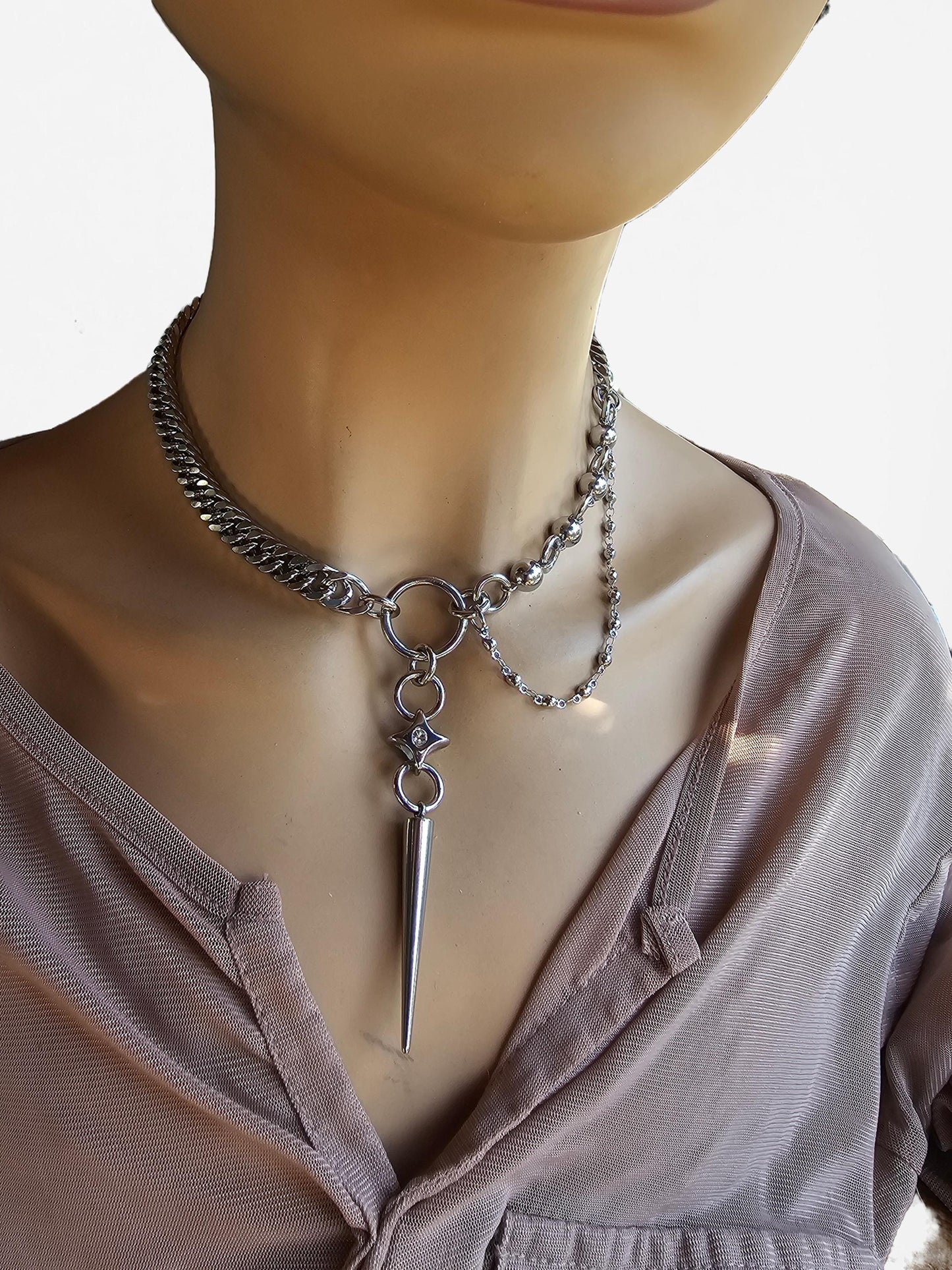 Steel Gothic Punk Layered Spike Necklace Goth Collar Choker | Handmade, alt Dark Academia spike statement jewelry gift for her