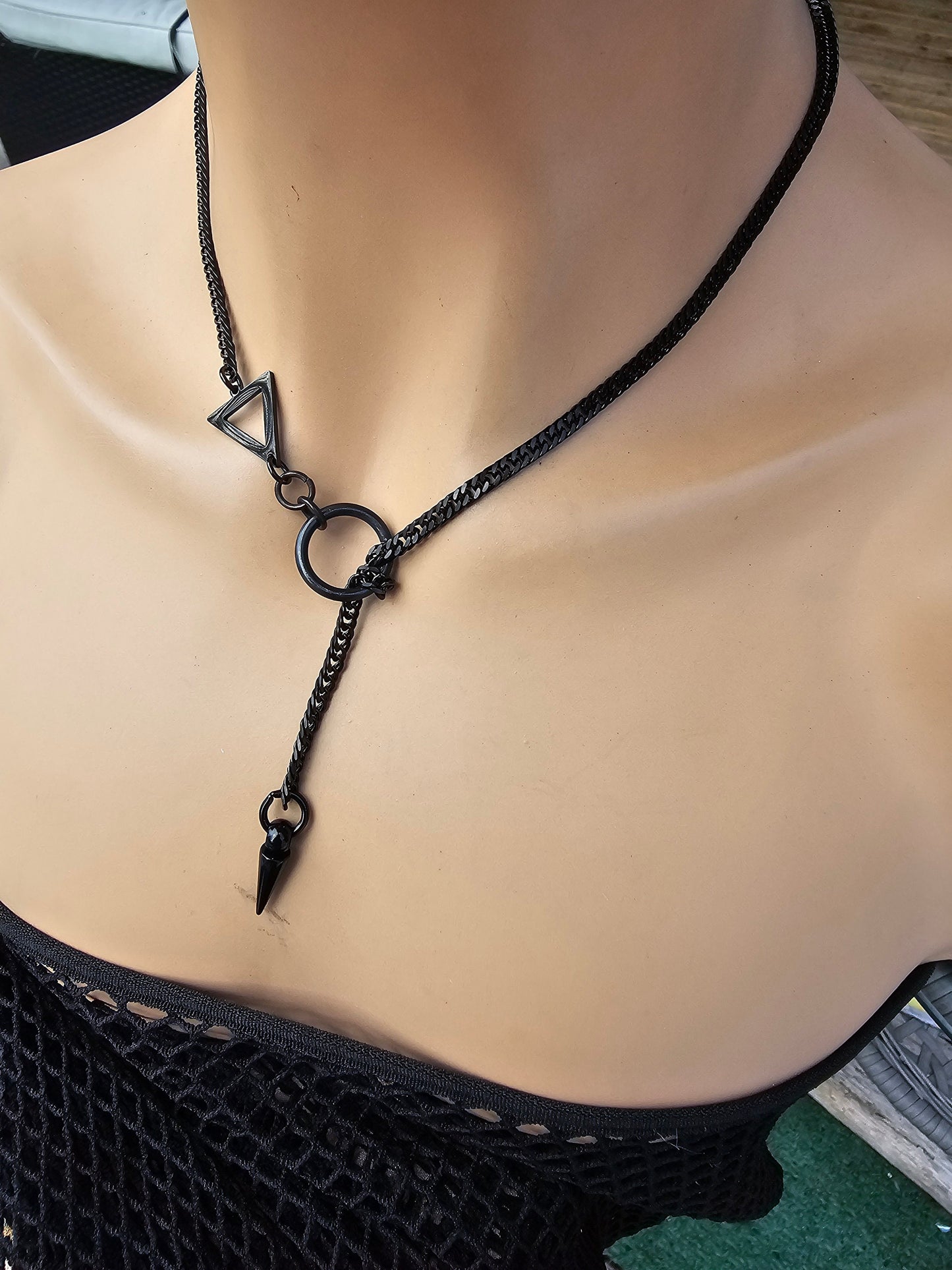 Black Steel Lariat Choker Wrap Necklace with Spike pendant | Dark Academia Aesthetic statement handmade jewelry gift for her, Punk & Gothic
