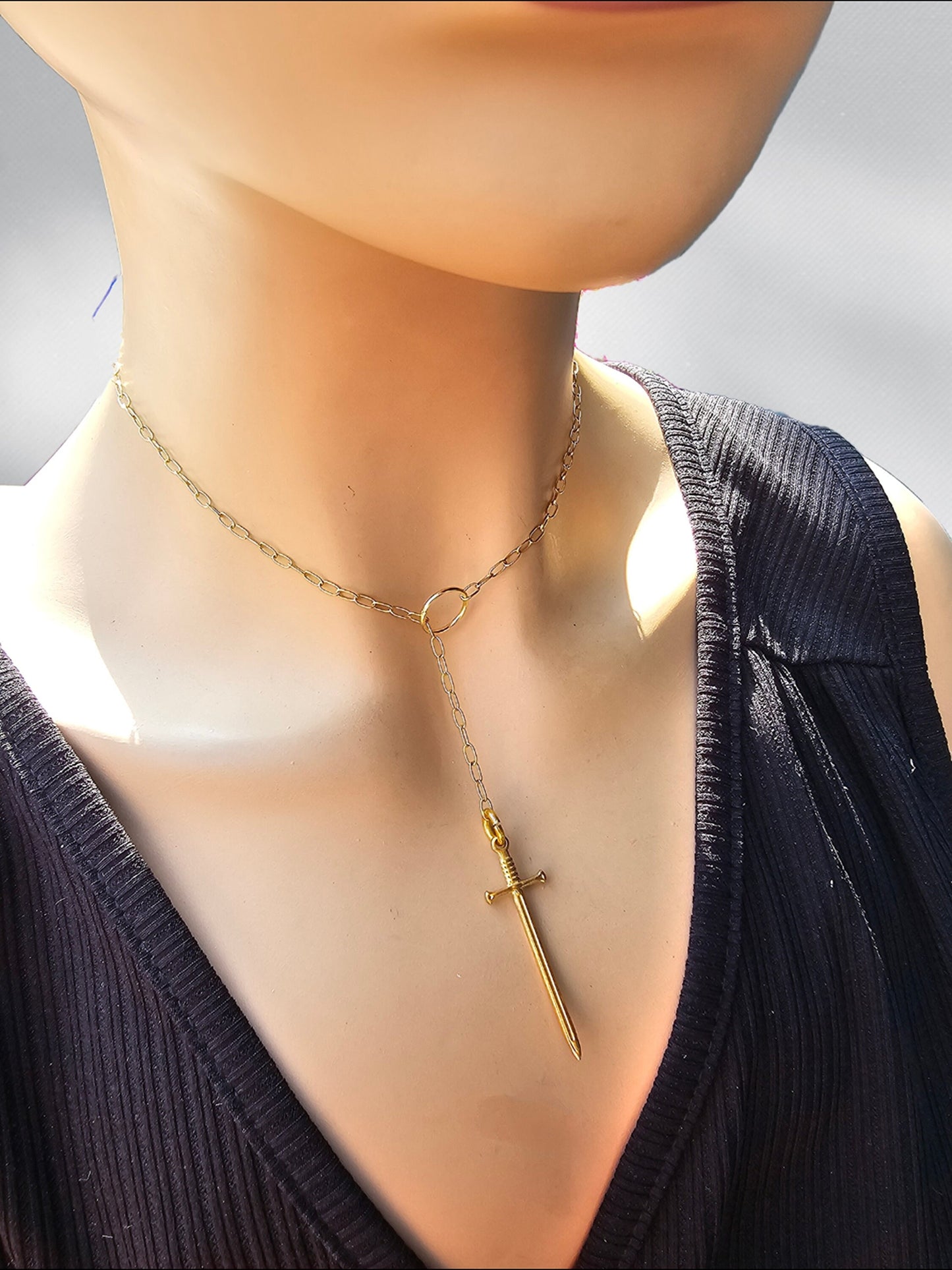 Gold Filled Chain Lariat Goth Alt Necklace Set with Sword pendant | great punk style y2k statement necklace gift for her