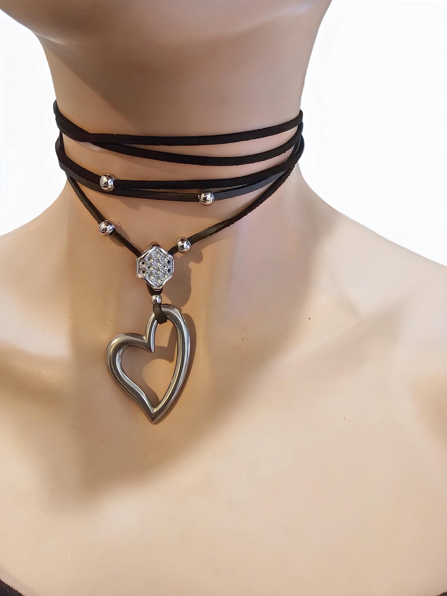 Black Vegan Leather Wrap Tie Indie Boho Bolero Collar Choker Layered Necklace with Heart - Handmade Aesthetic Jewelry Gift for Her