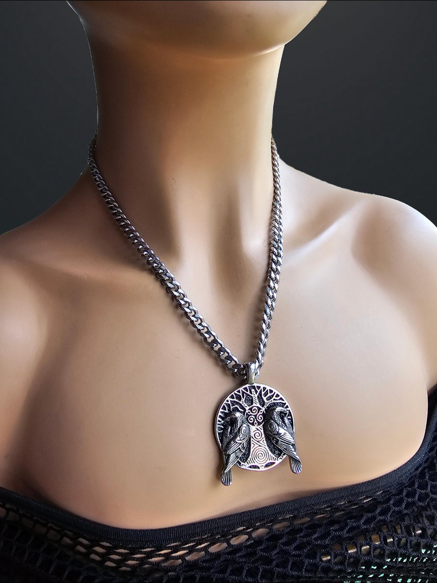 Viking Odins Raven Steel Norse Necklace with Tree of Life | Huginn & Muninn aesthetic statement gift for her, gift for him
