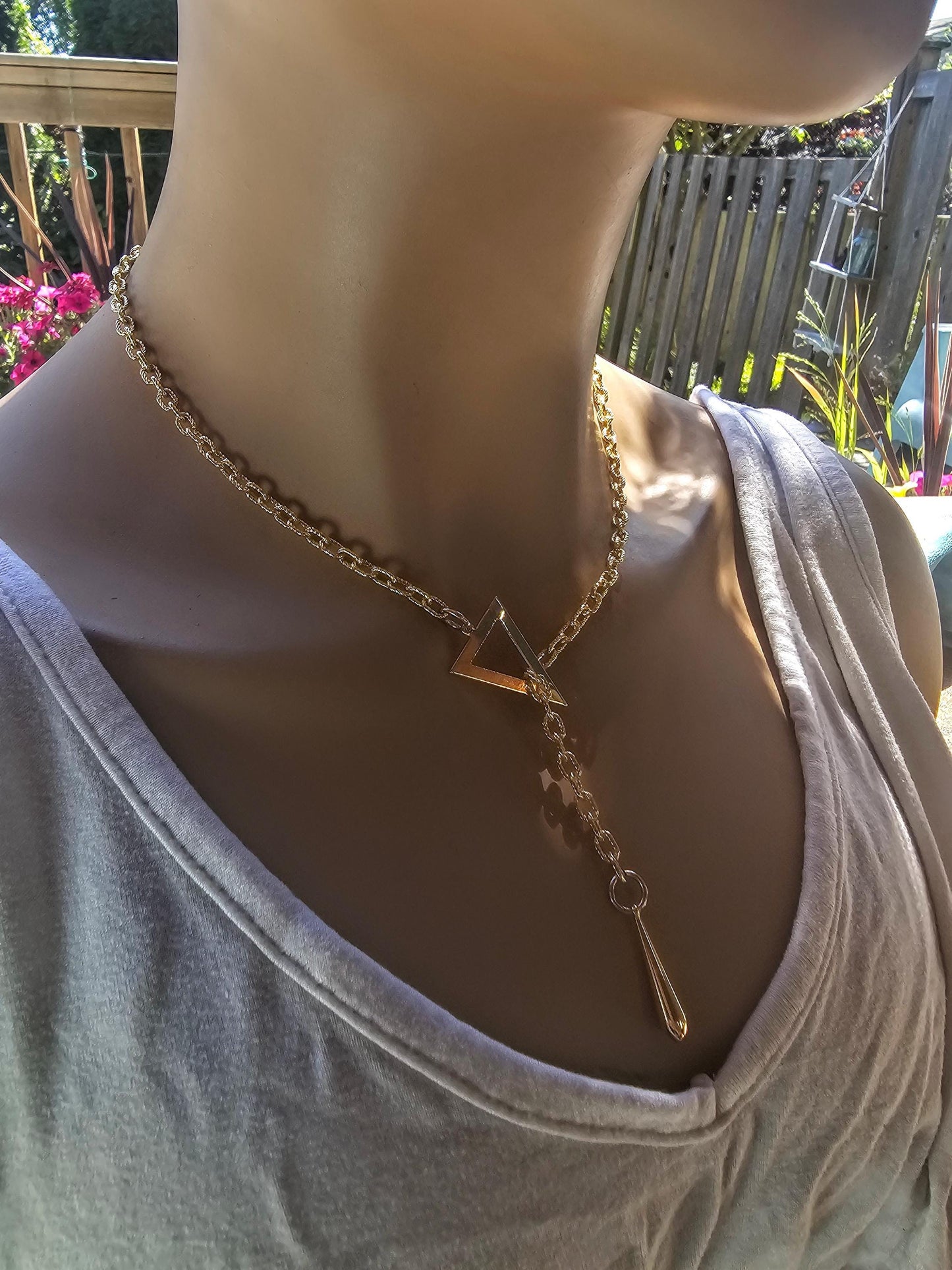 Gold Lariat Dainty Choker Wrap Necklace with Triangle and Drop | Minimalist Boho Y2K Aesthetic handmade jewelry gift for her