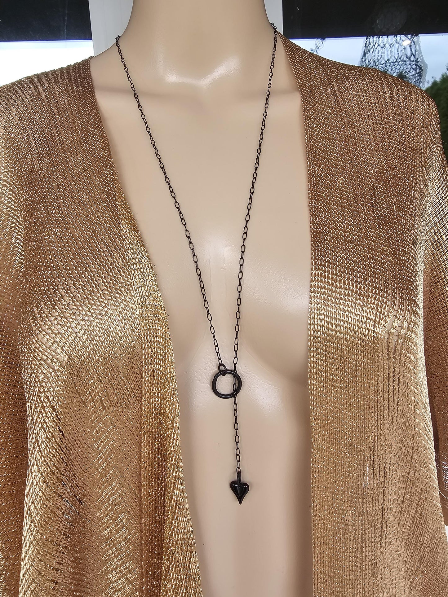 Black Steel Lariat Dainty Punk Choker Wrap Necklace with heart pendant | Pagan witch Aesthetic handmade minimalist jewelry gift for her