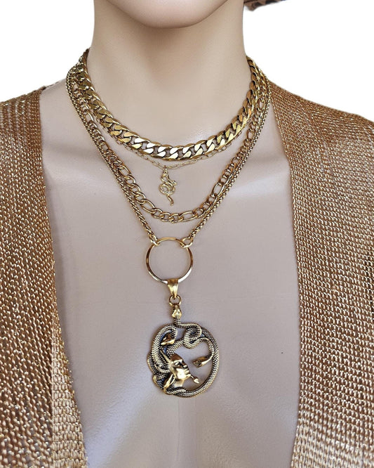 Gold Medusa Layered Multi Strand Chunky Chain Gothic Choker Collar Necklace Set - Handmade punk snake aesthetic jewelry gift for her