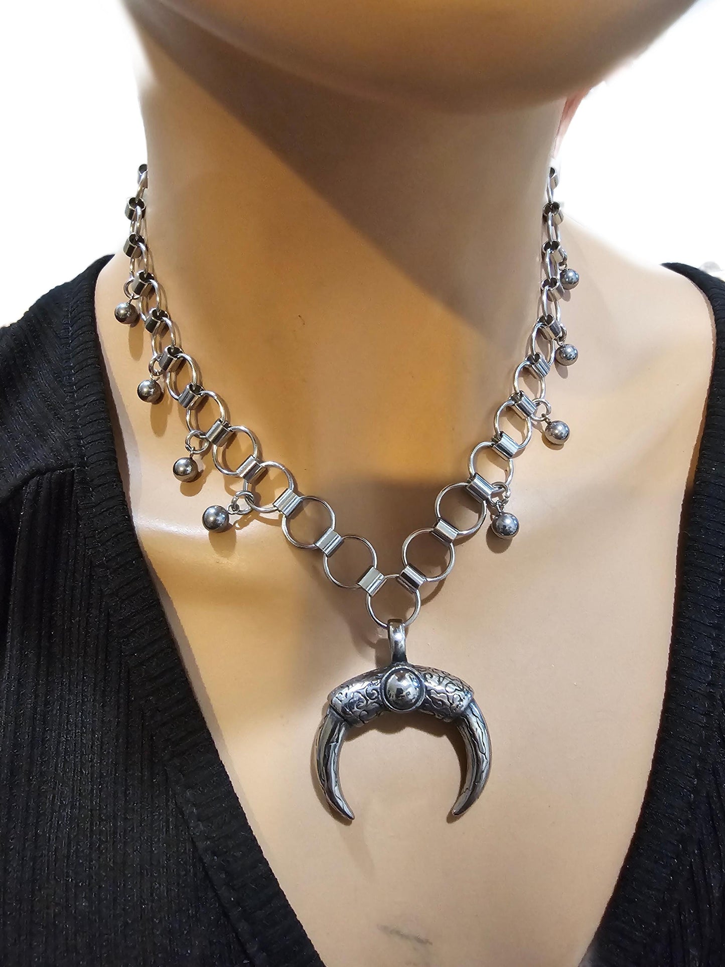Silver Steel Double Horn Chainmail Gothic Choker Statement Necklace | Grunge punk alt aesthetic handmade jewelry Christmas gift idea for her