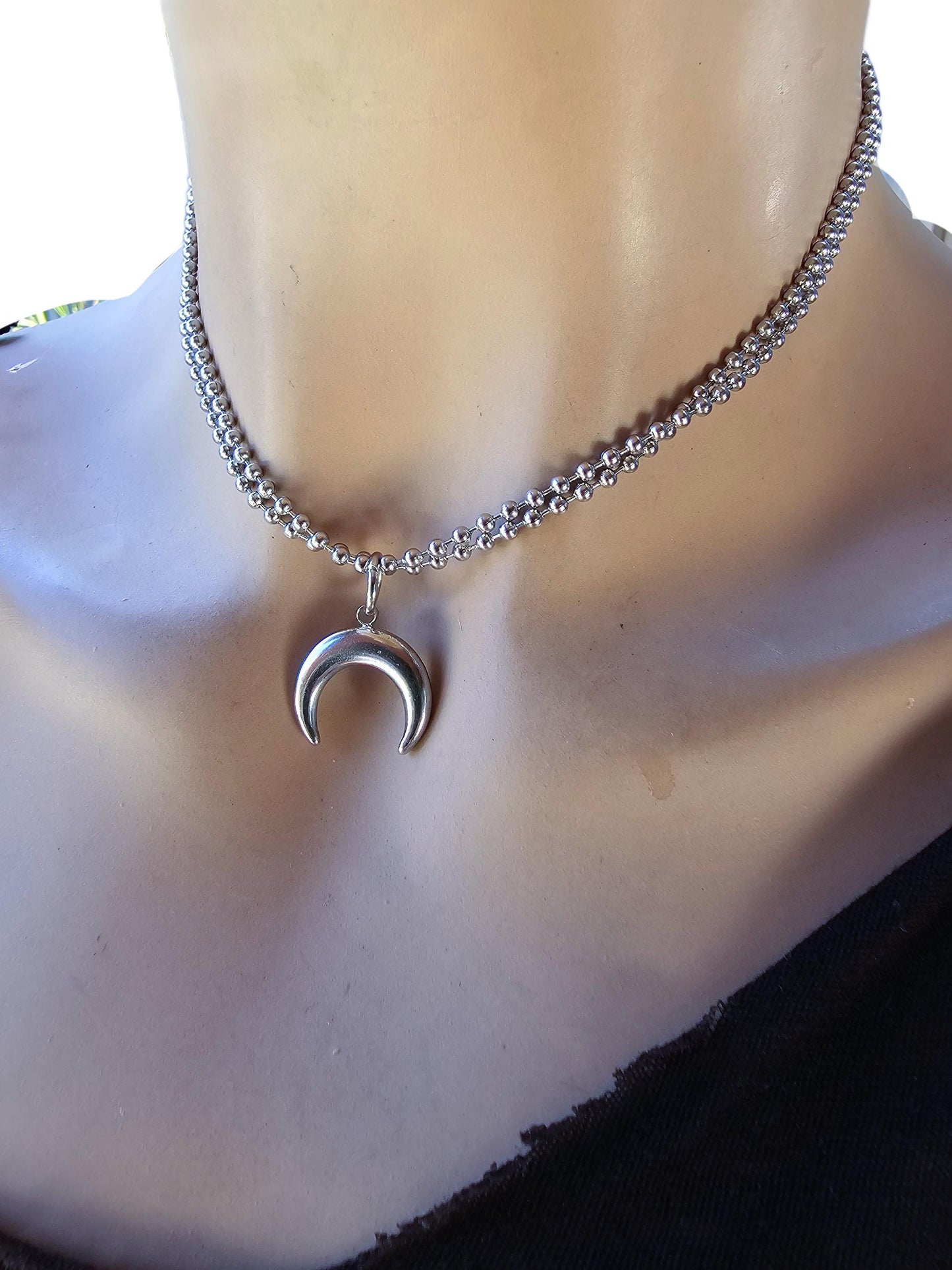 Steel Horn Moon Non-Tarnish Ball Chain Layered Wrap 3-Way Pagan Witchy Goth Choker Necklace - Punk Grunge Alt Aesthetic Waterproof Jewelry