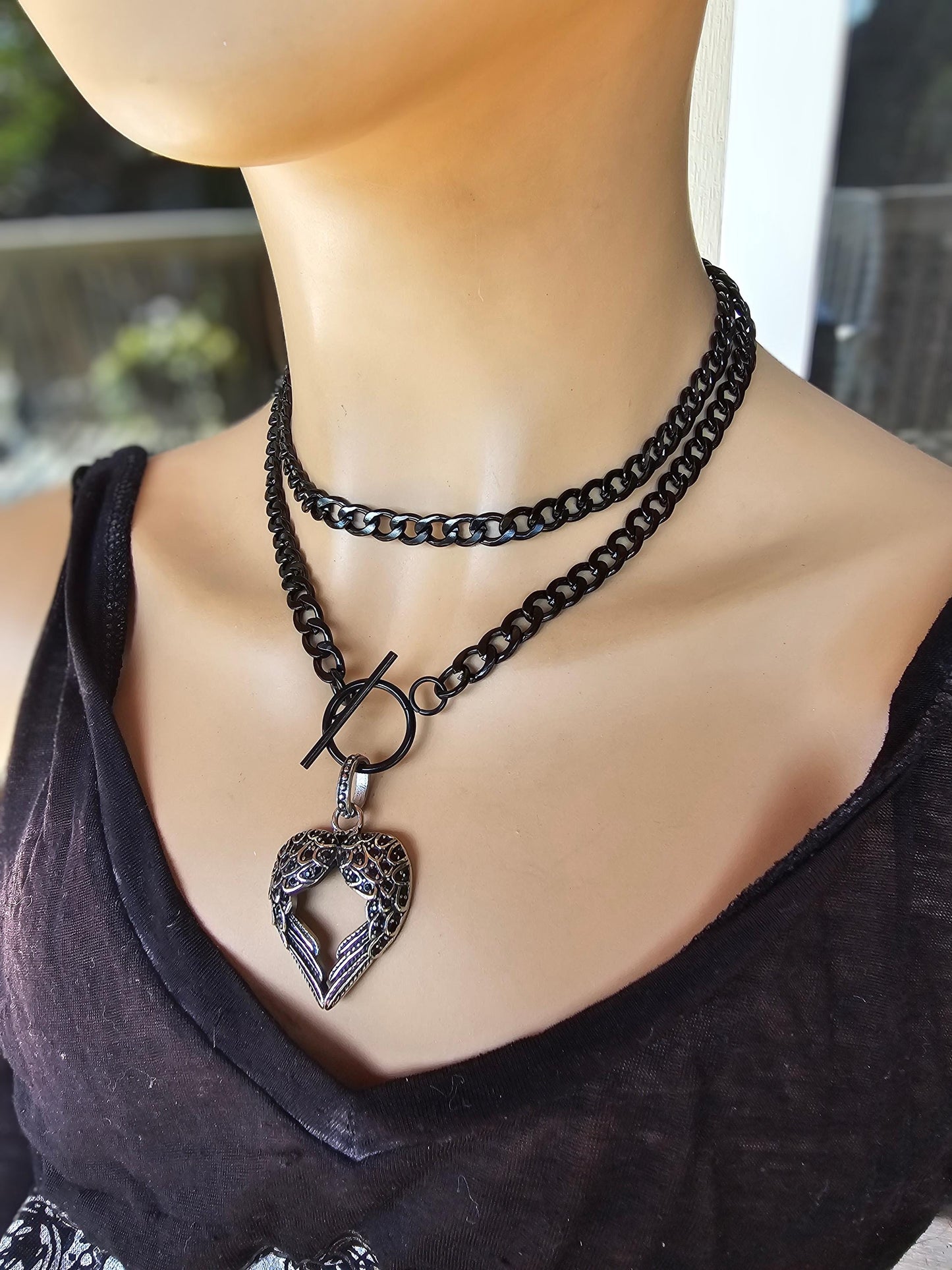 Black Steel Lariat Choker Wrap Necklace Set Heart pendant | Dark Academia Aesthetic statement handmade jewelry gift for her, Punk and Gothic