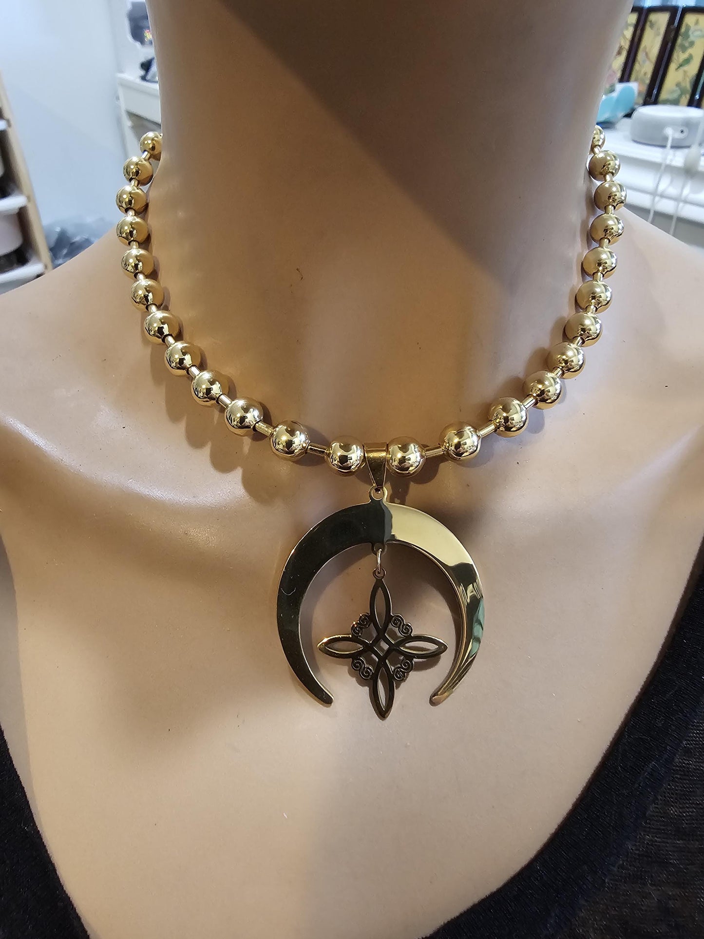 Gold Moon Double Horn on Ball Chain Witchy Pagan Ch Necklace | Dark Academia Aesthetic handmade jewelry gift for her, chunky statement