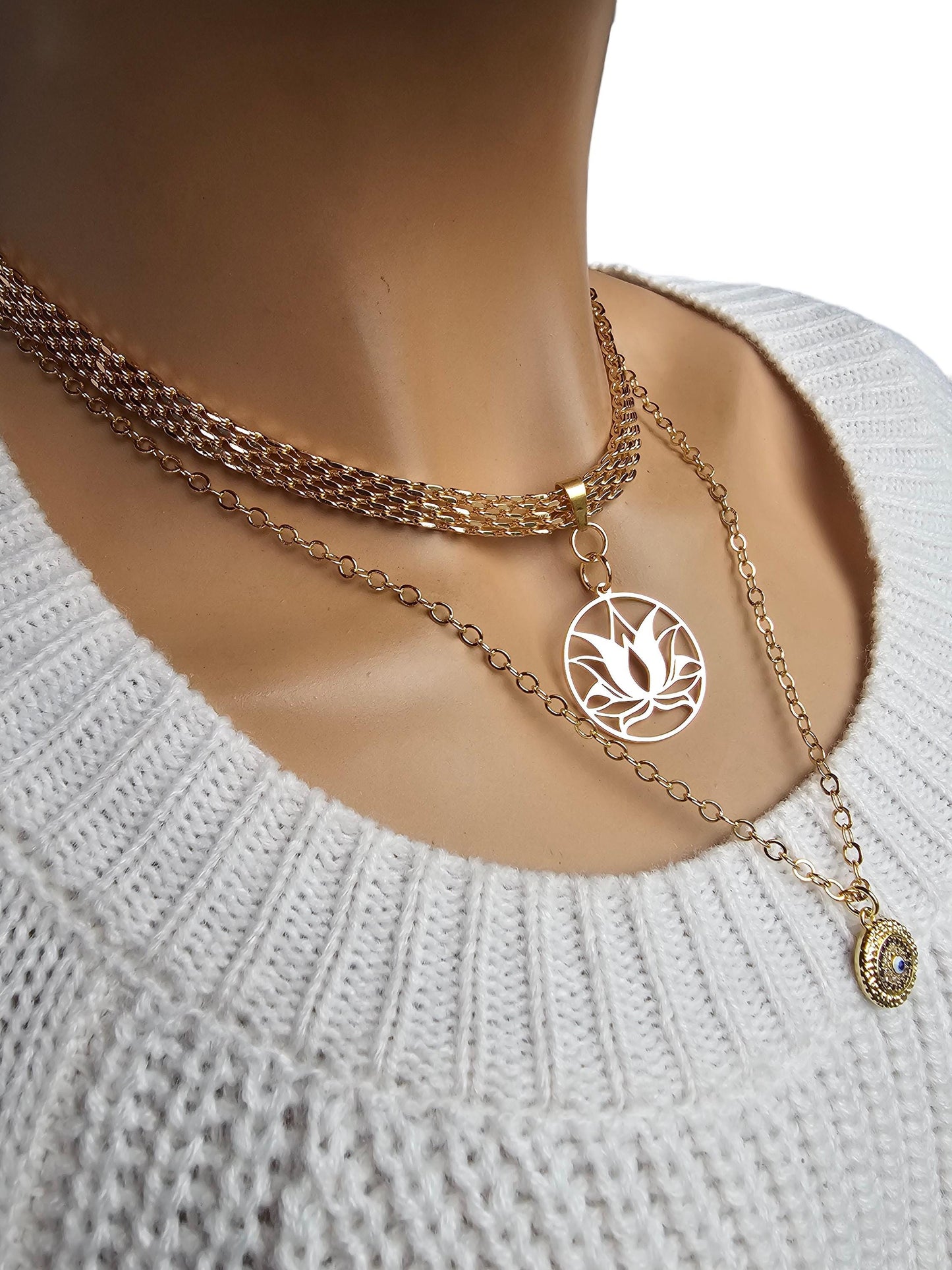 Gold Lotus Evil Eye Layered Necklace Set Multi Strand Chunky Choker Collar Statement Jewelry-Handmade aesthetic stacked jewelry gift for her