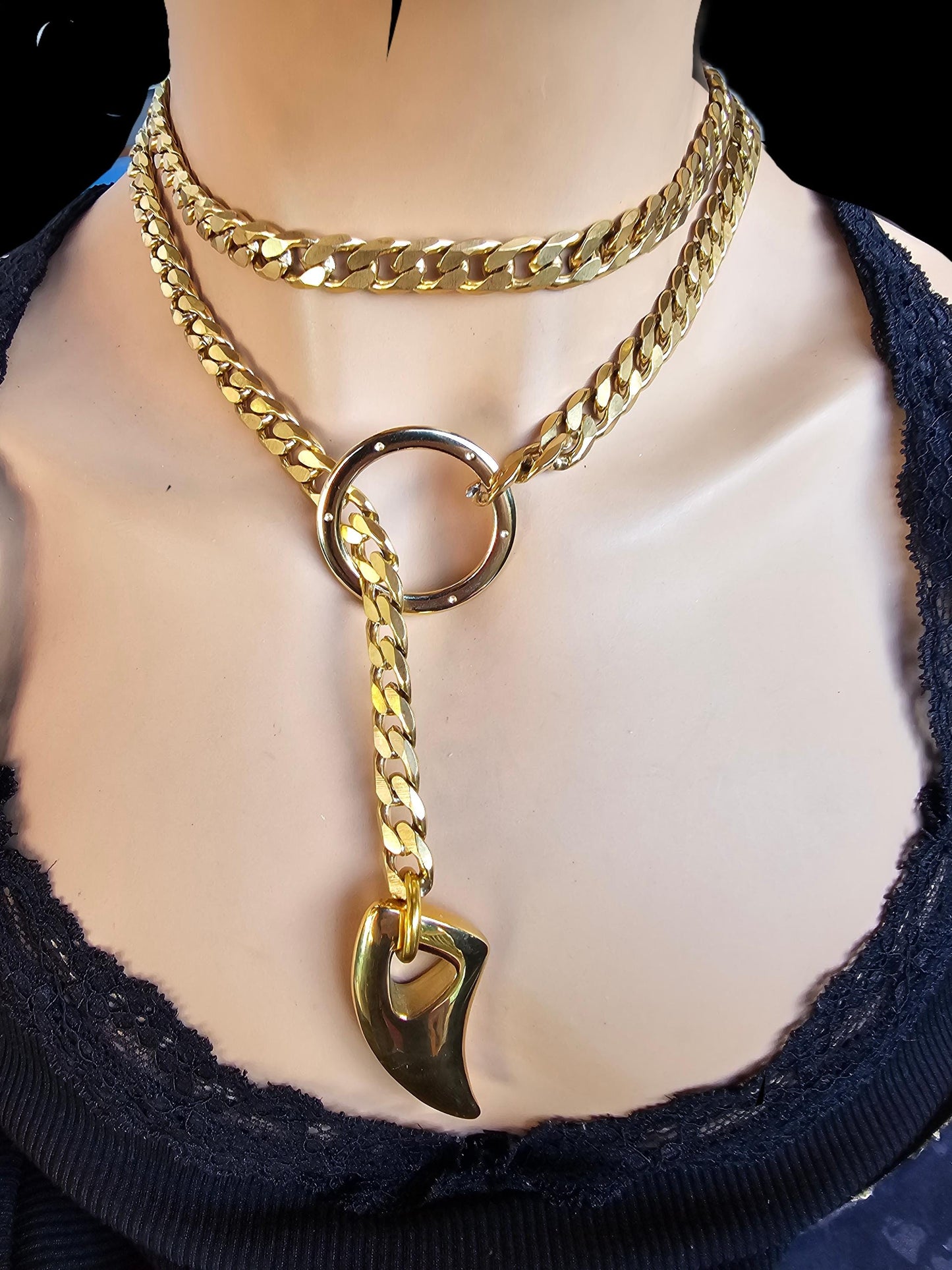 Gold Chunky Choker Collar Wrap Slip Chain Lariat Necklace Heart Pendant - Lifestyle Jewelry, BDSM Bondage Aesthetic Jewelry, Gift for Her